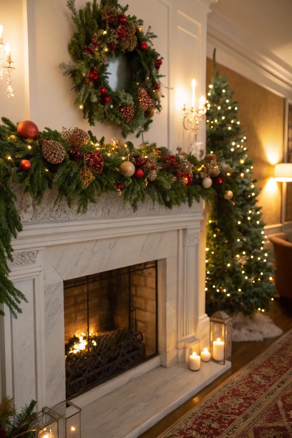 A snug mantel decorated with garlands and fairy lights.