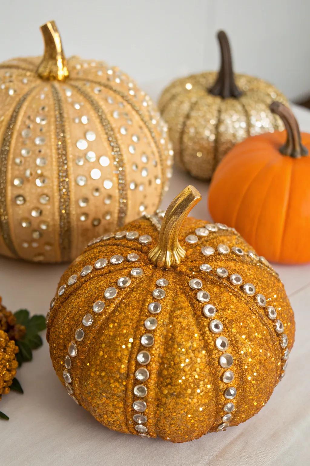Glamorous sequined pumpkins contributing a sparkling touch to the decor.