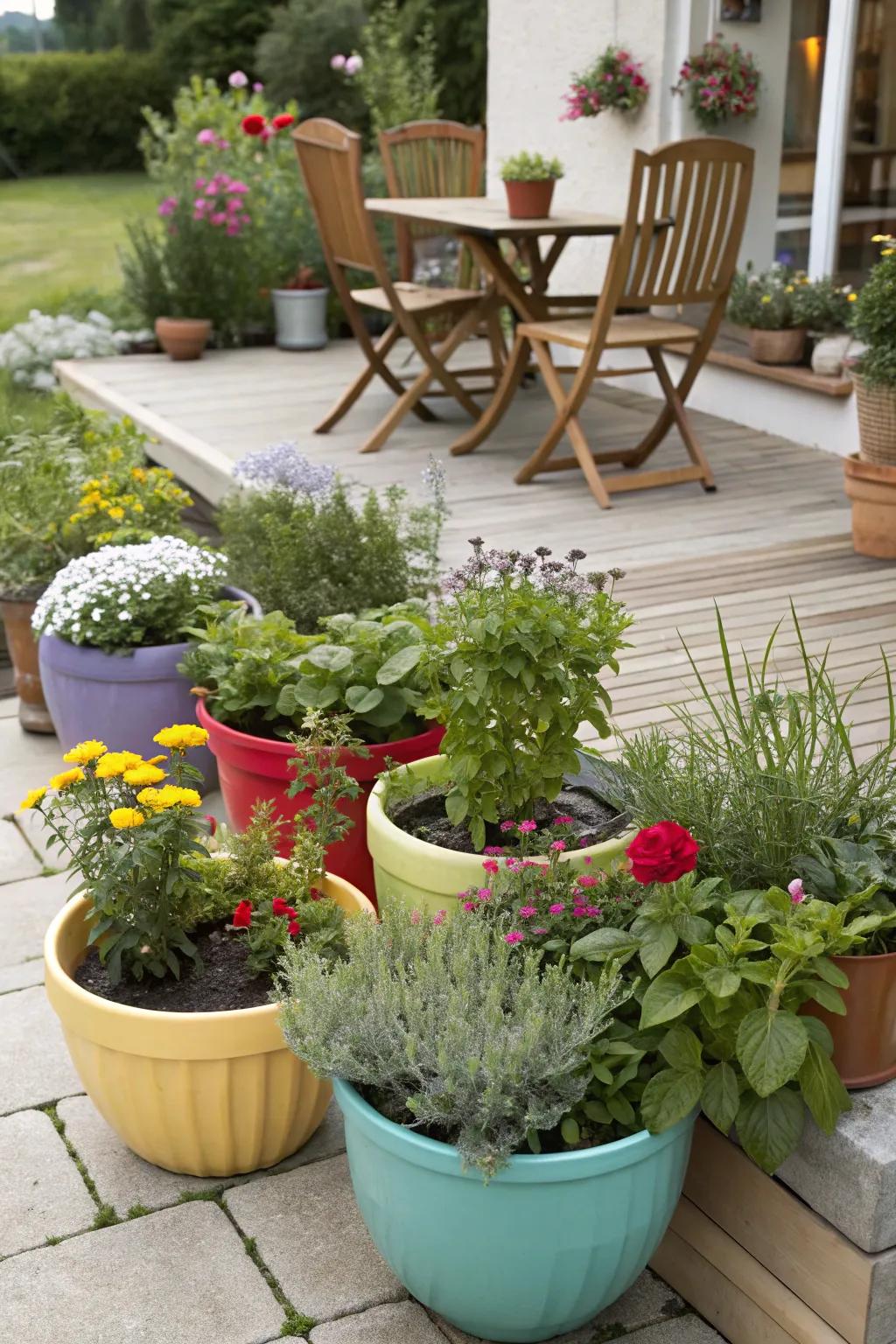 A vibrant container garden bursting with varied plants and colors.