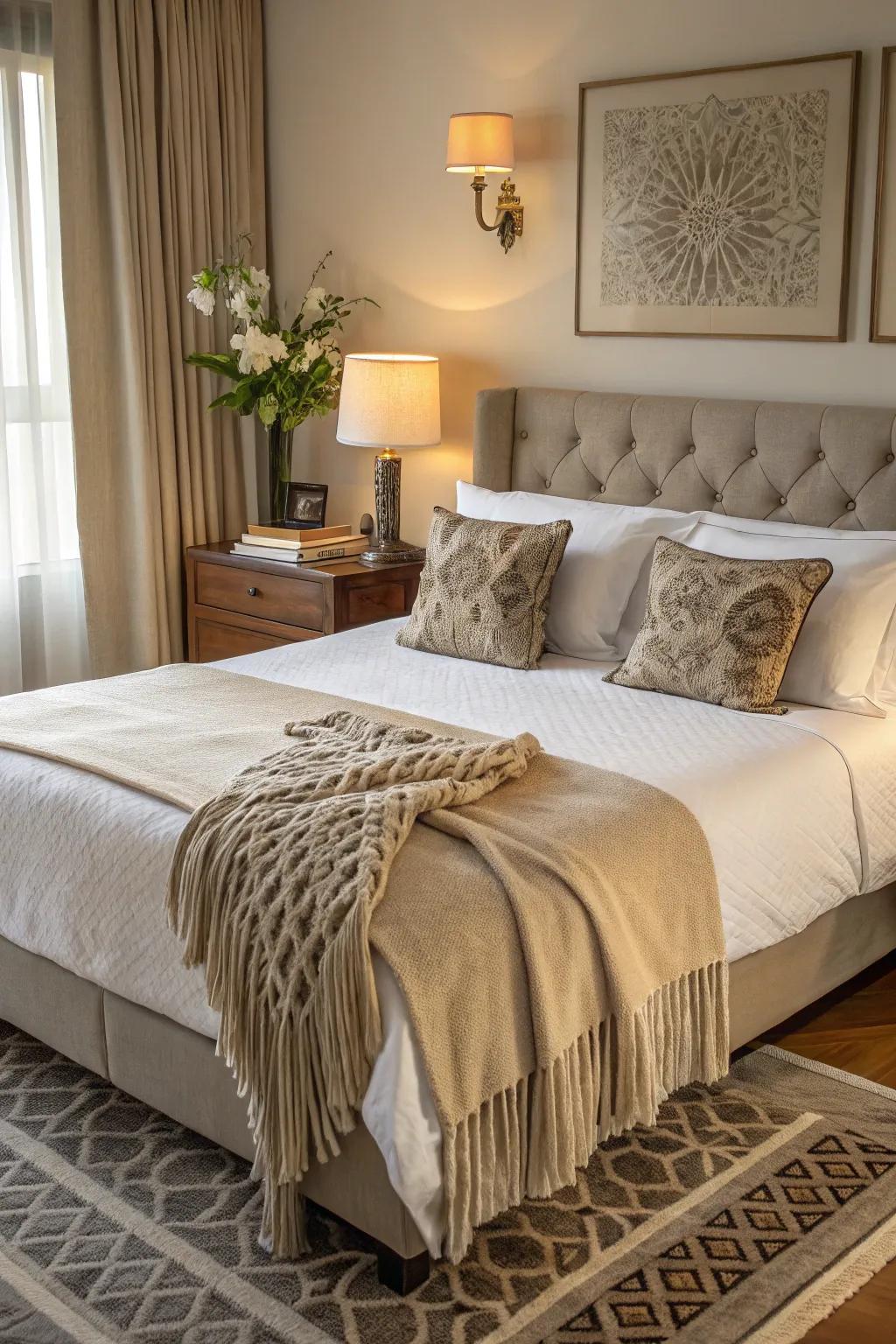 A centered throw becomes an eye-catching piece of bedroom art.