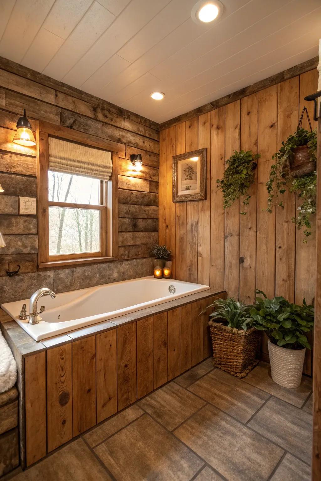 Wood-look tiles provide a rustic charm while maintaining practicality for a bathroom.