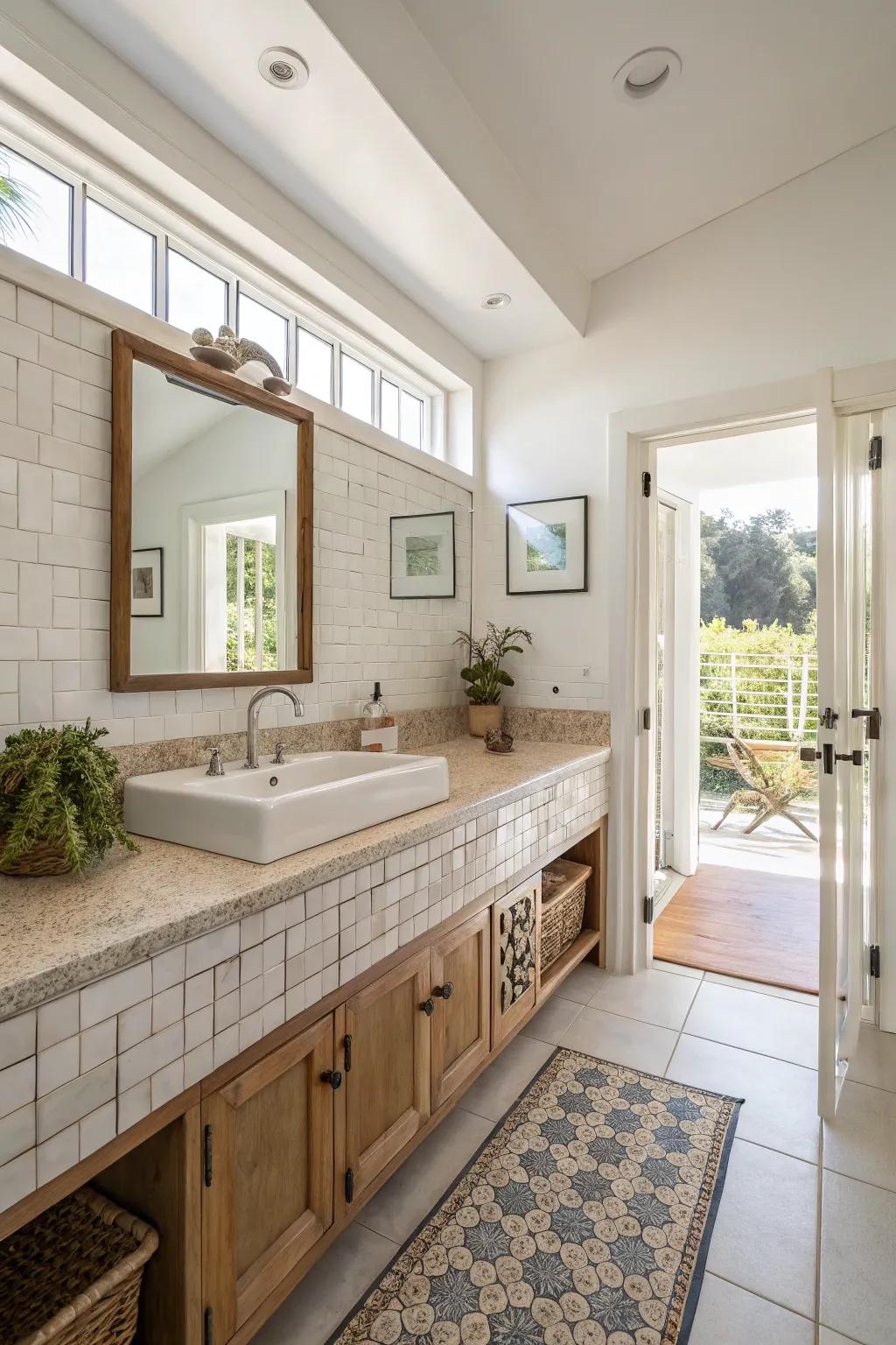 Coordinated backsplashes create a fluid appearance.