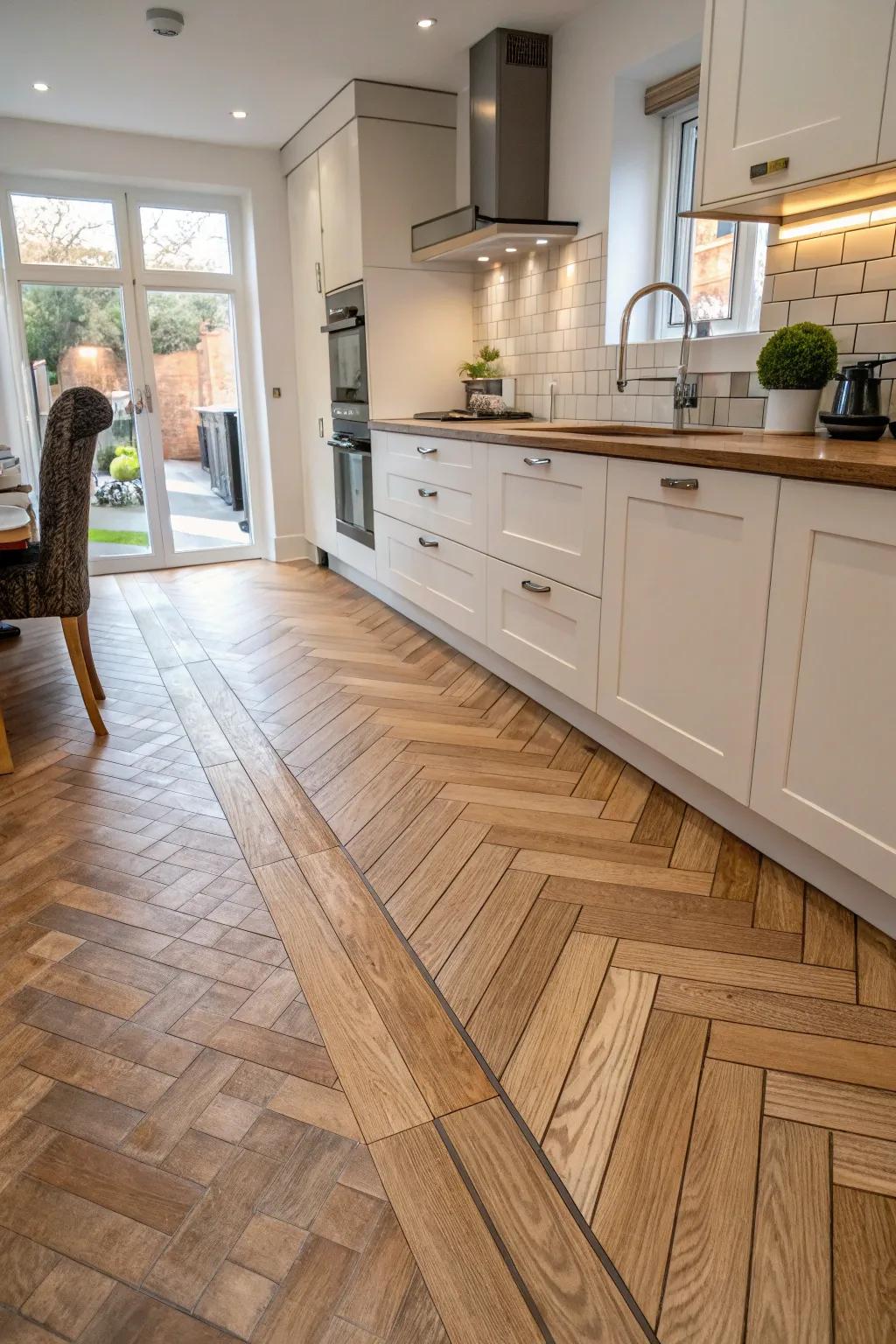Zigzag tiling flows gracefully into timber flooring.