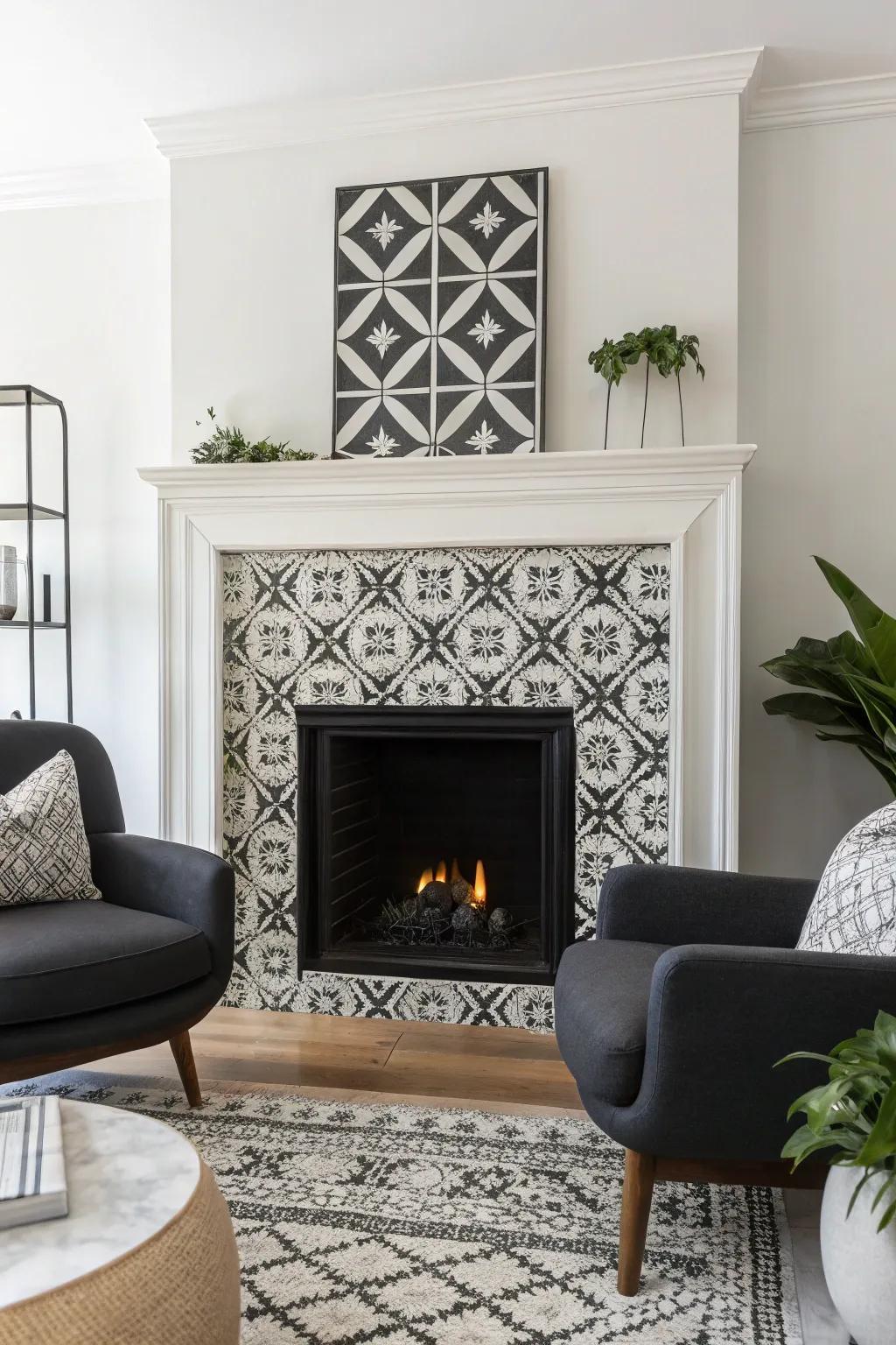 A dark and light scheme creates a chic and simple fireplace.