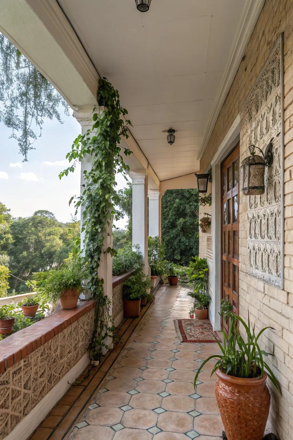 A mix of tiles and bricks creates a textured and dynamic porch design.