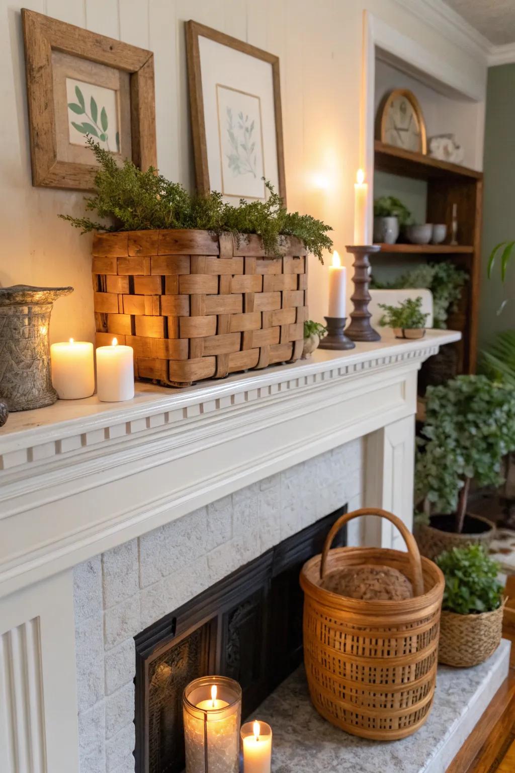 An elegant and casual mantel showcase presenting a grain exchange frame.