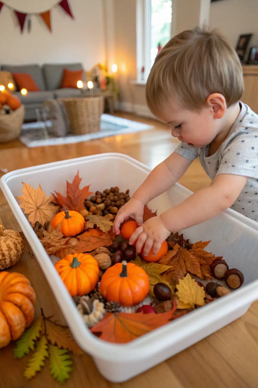 Stimulate your toddler's senses with a pumpkin-themed sensory bin.