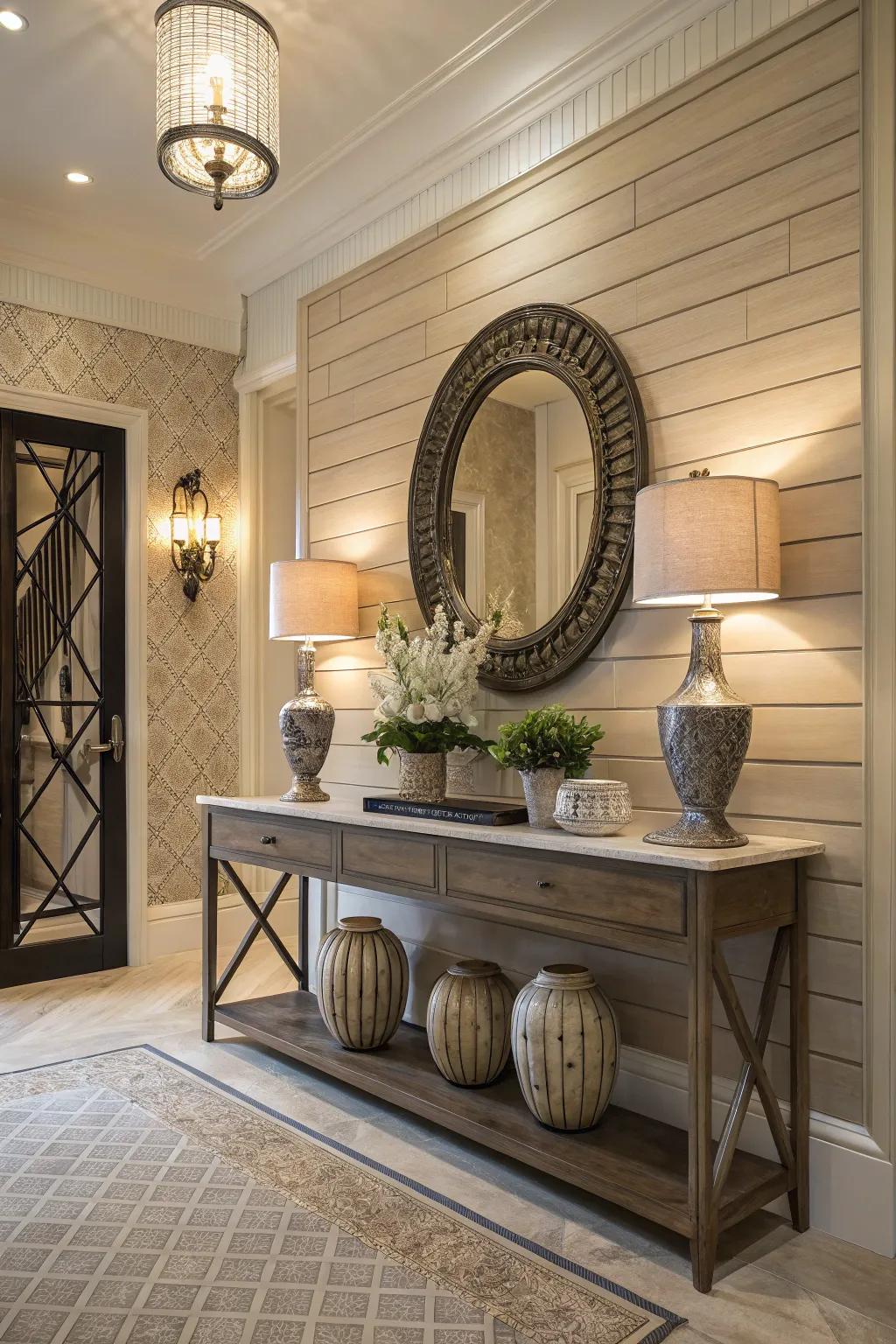 Elevate your entryway with the charm of tongue and groove walls.