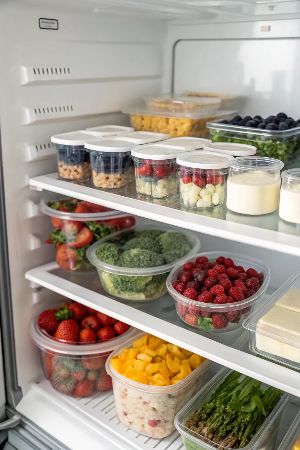 Similar food products arranged together inside a top freezer, each on specific shelves for simple inventory management.