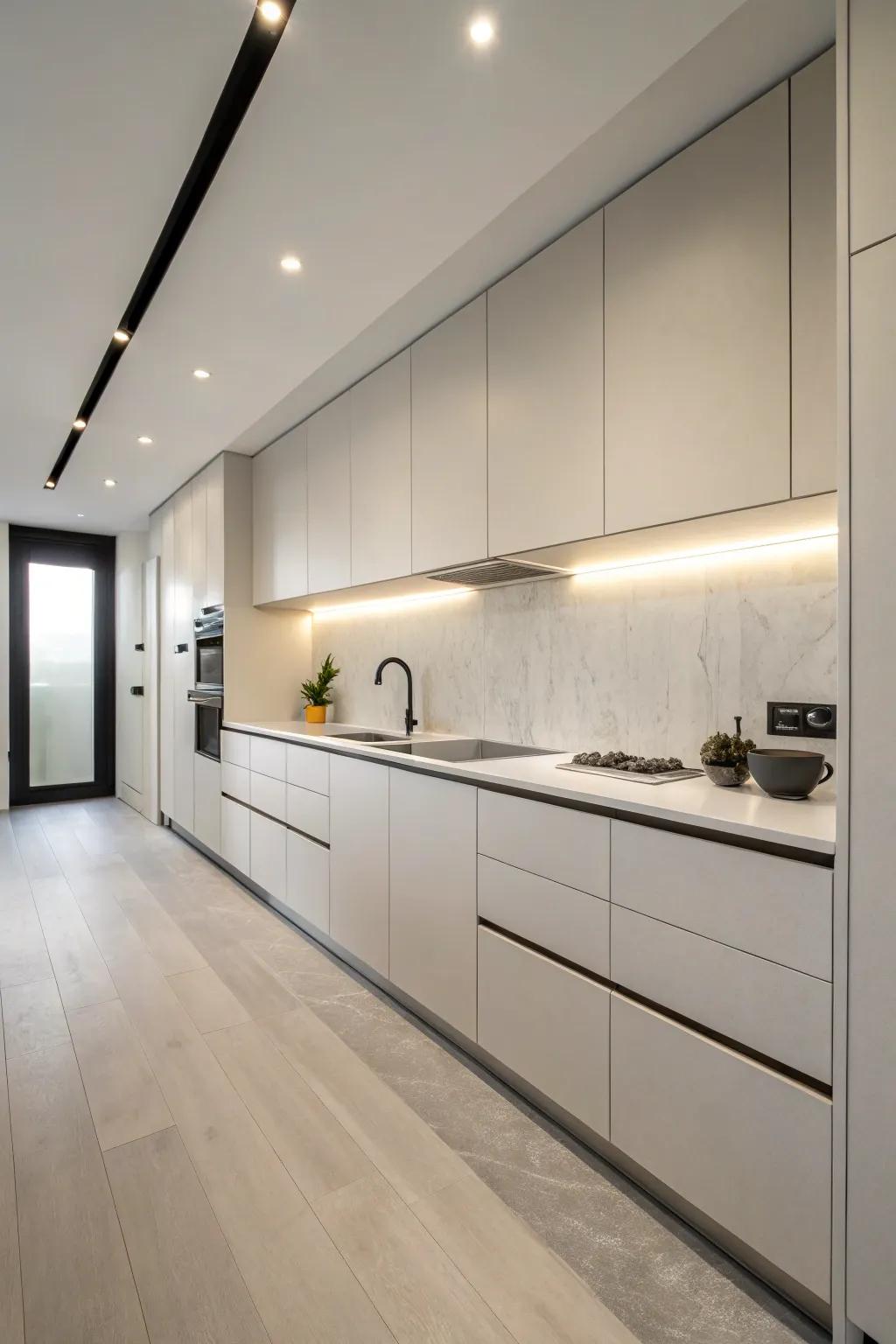 Minimalist cupboards deliver a neat and modern aesthetic for a streamlined kitchen.