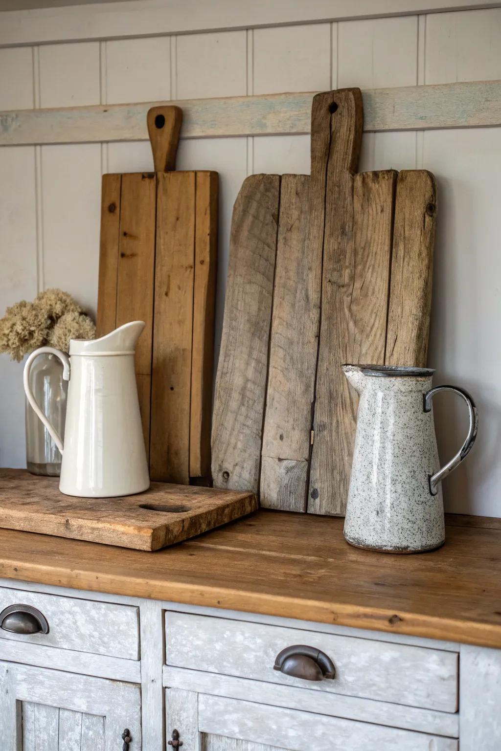 Embrace a farmhouse feel by using down-to-earth relics above your cabinets.