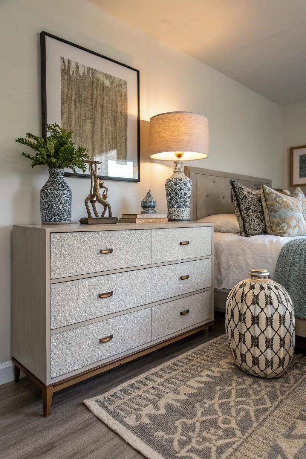Decorative elements enrich the artistic feel of a dresser.