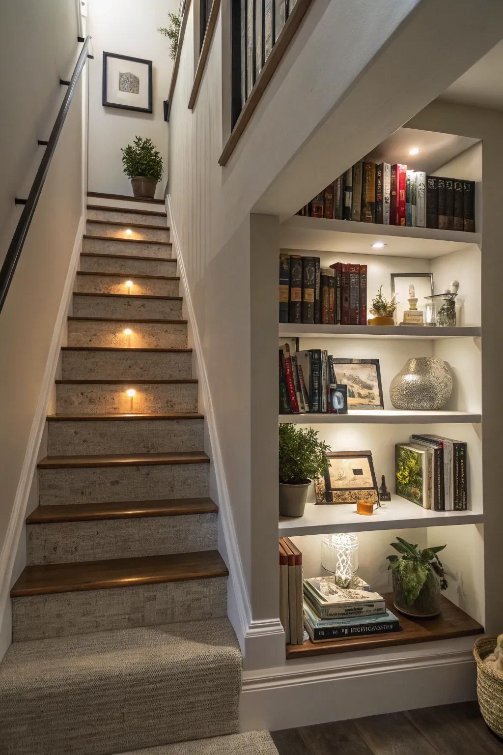 Shelves provide a stylish display area at the top of stairs.