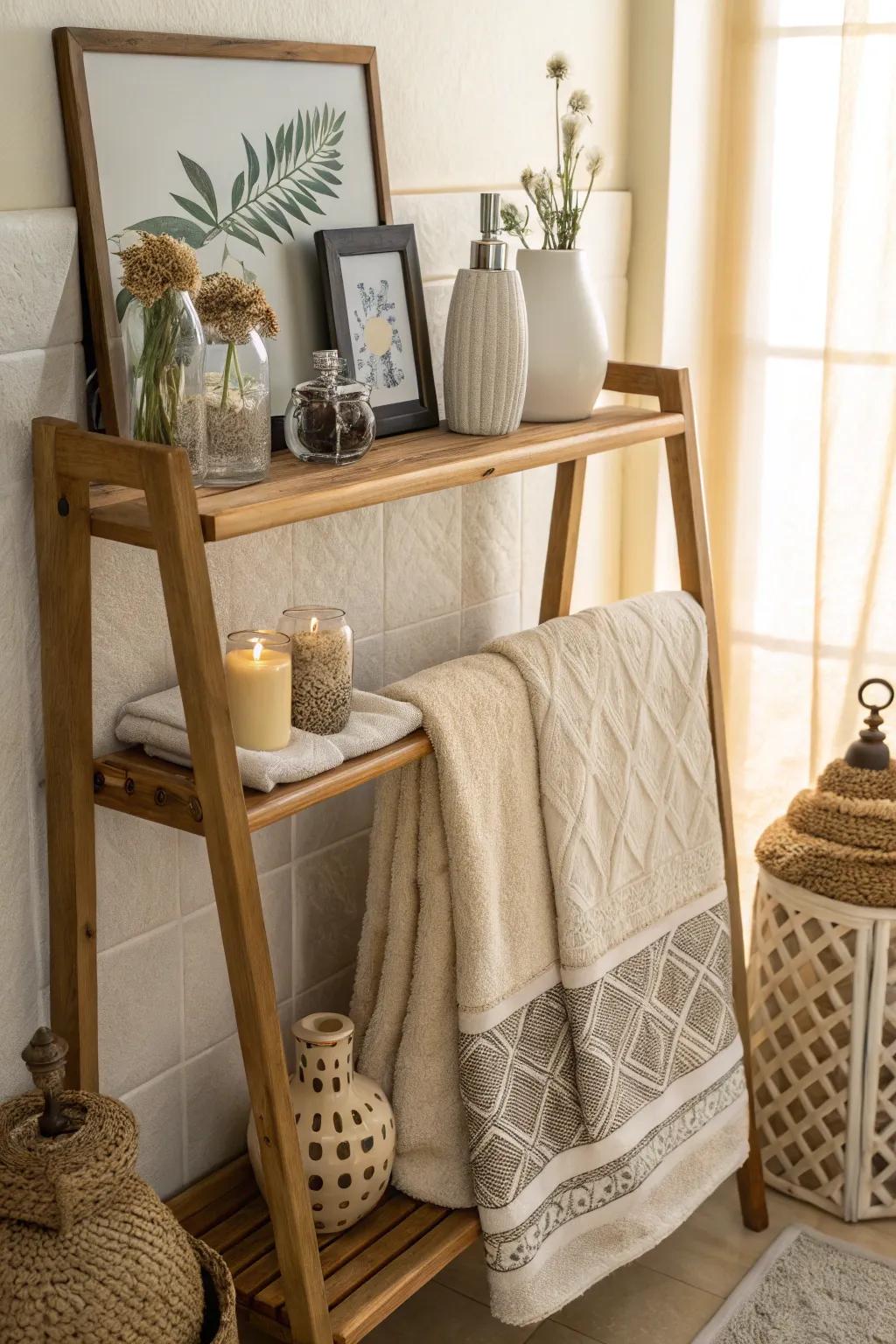 Synthesize placement alongside appeal via a towel hanger showcasing an integrated display.