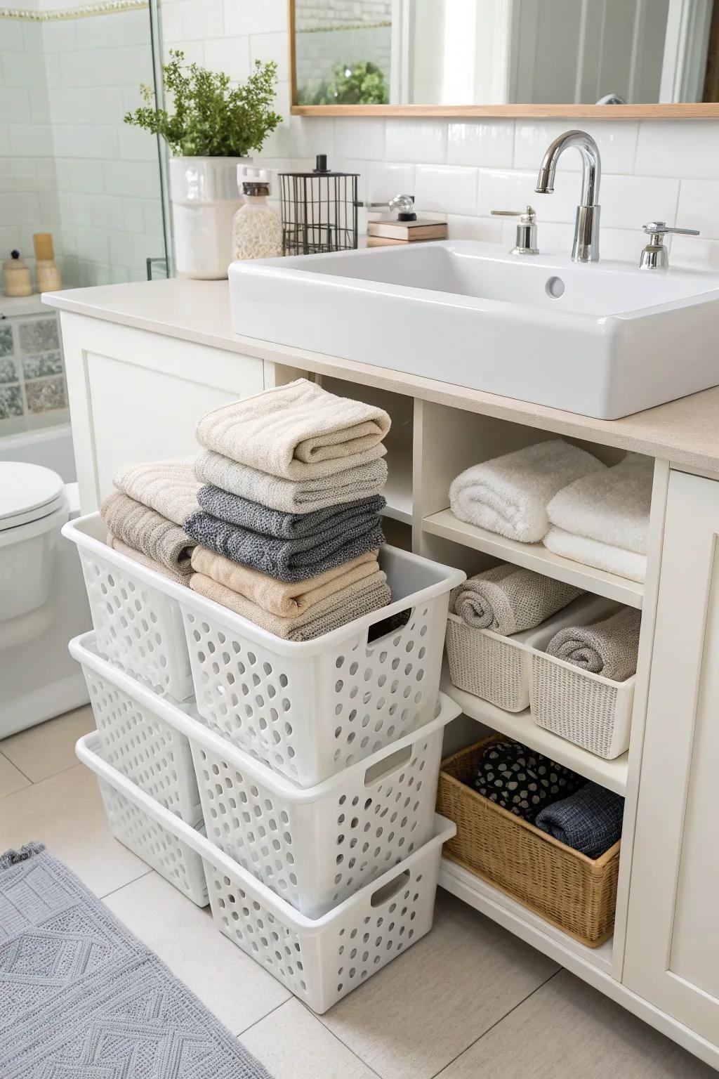 Employ under-sink area for concealed towel storage.