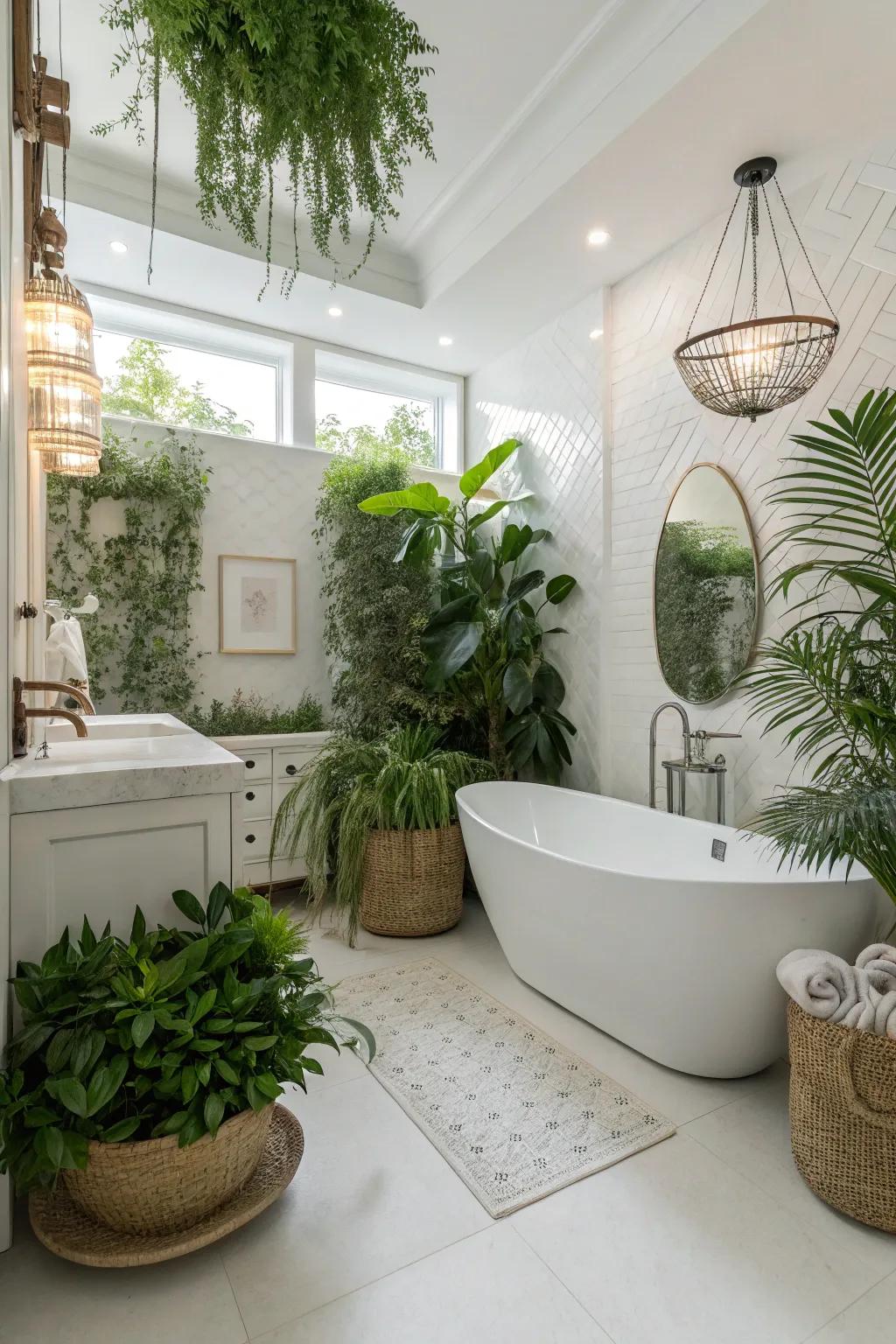 A white bathroom revitalized by lush green plants, which introduce a refreshing element.