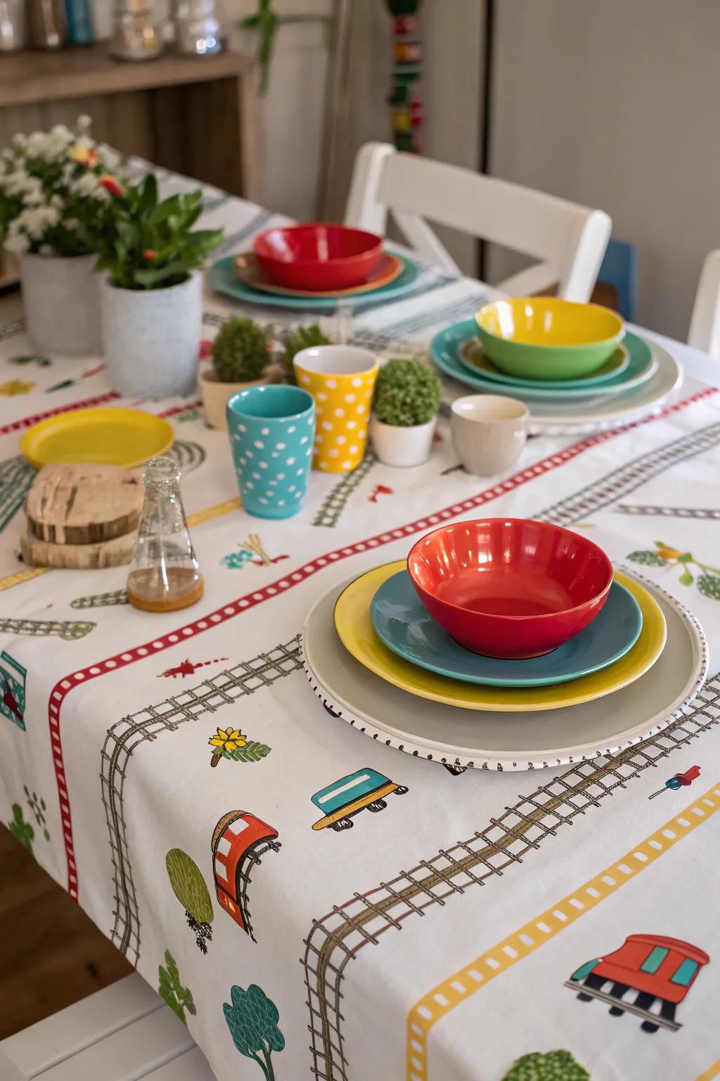 Track table linens foster a playful atmosphere.
