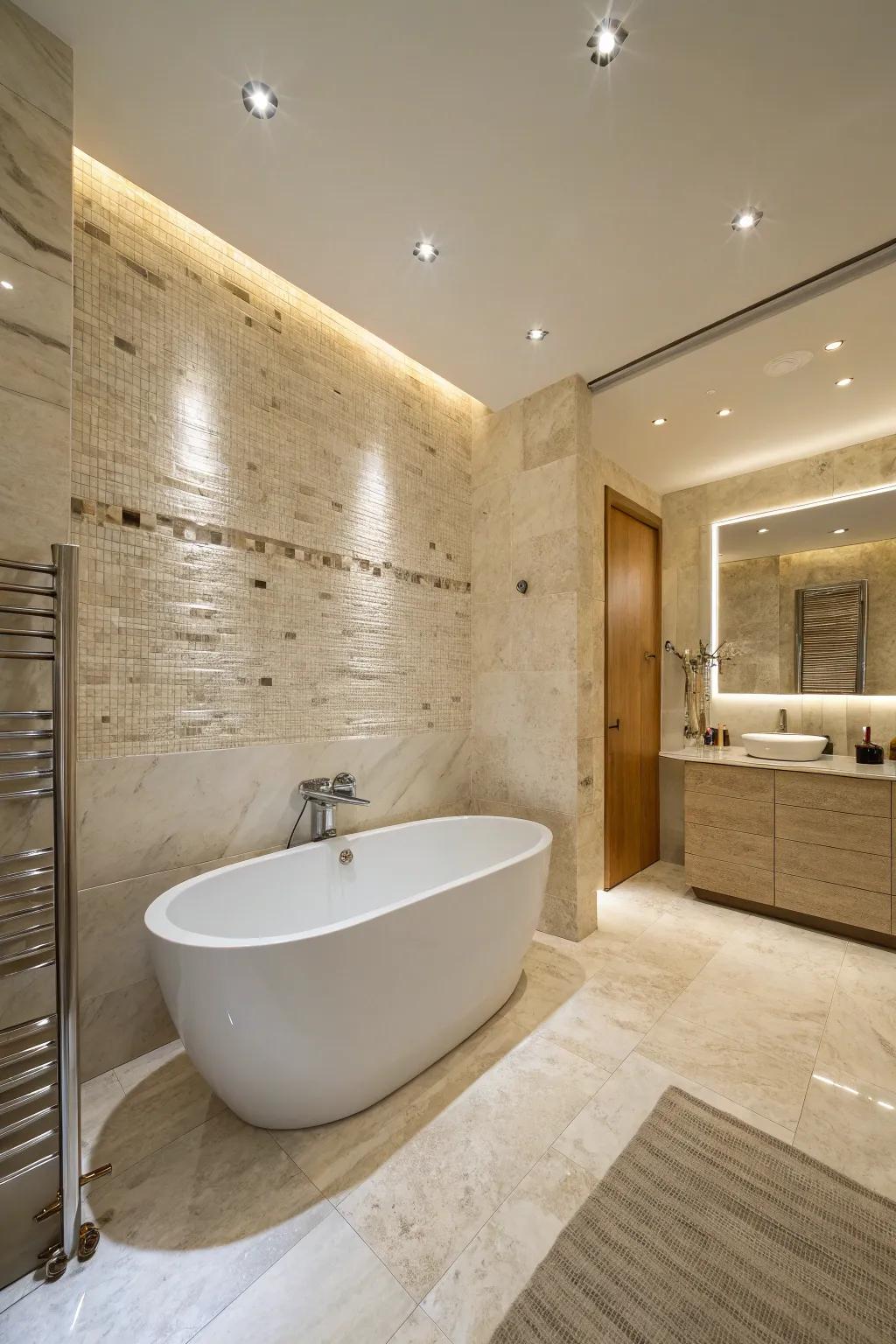 A peaceful travertine bathroom with gentle lighting highlighting the stone's textures.