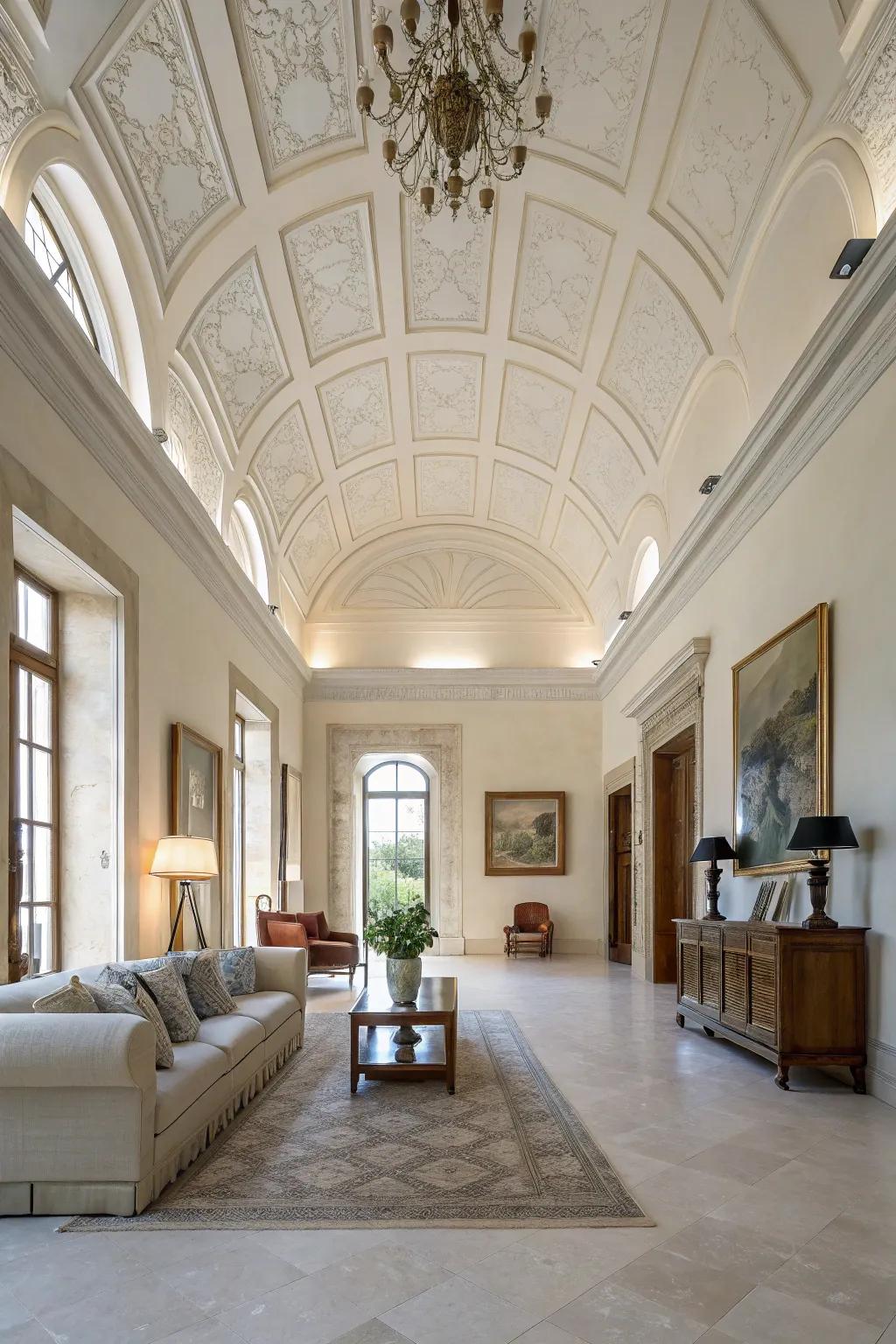 A spacious room with a high tray ceiling.