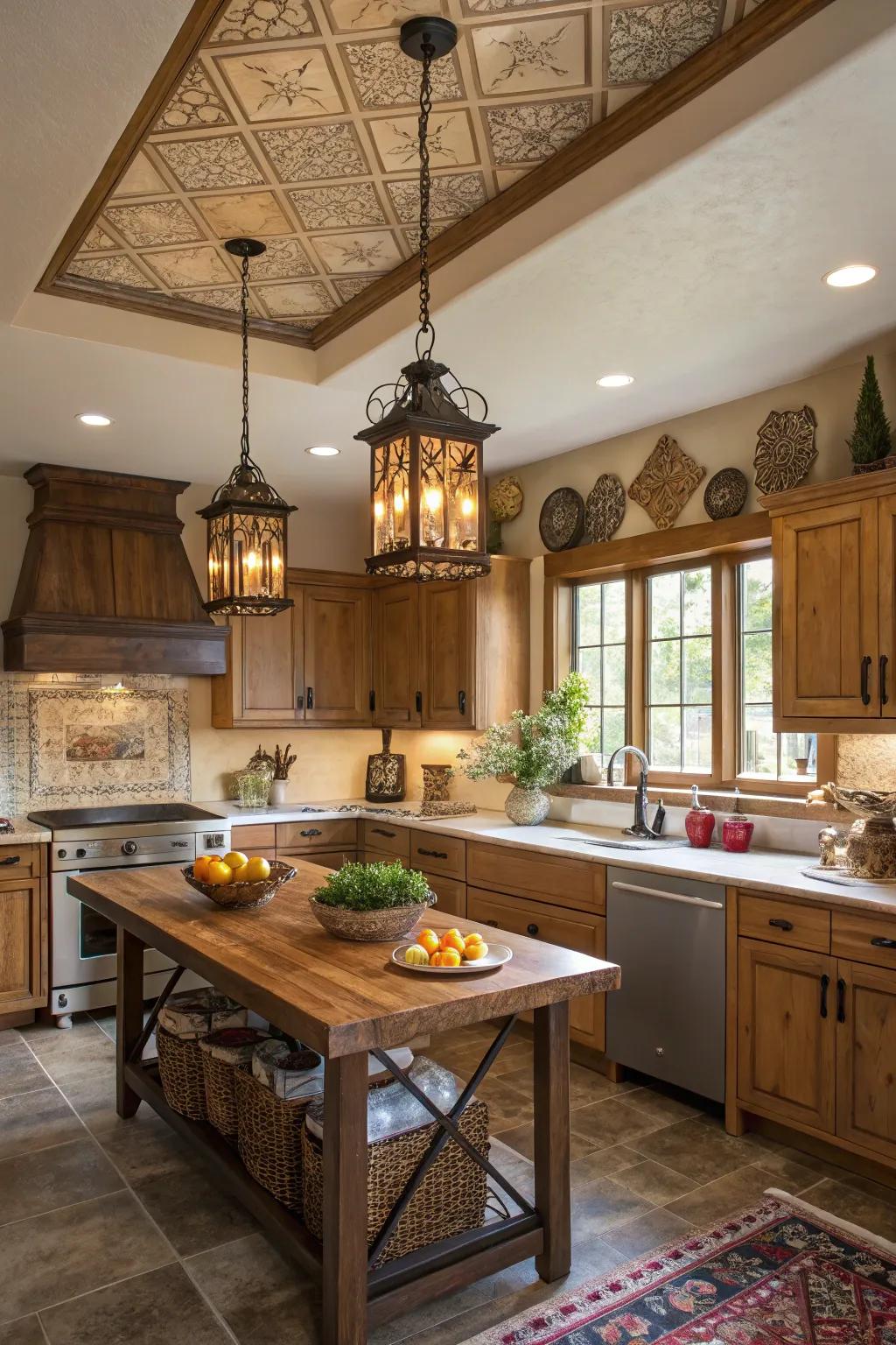 A welcoming kitchen featuring assorted pendant illuminations in the tray ceiling.