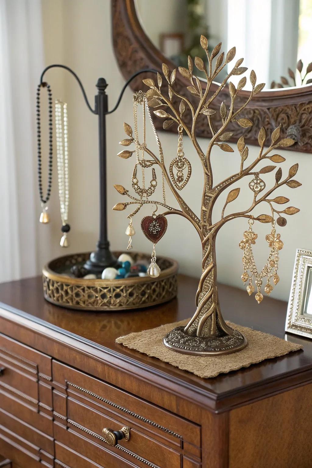 An elegant Arbor Vitae jewelry stand keeps treasures organized on a dresser.