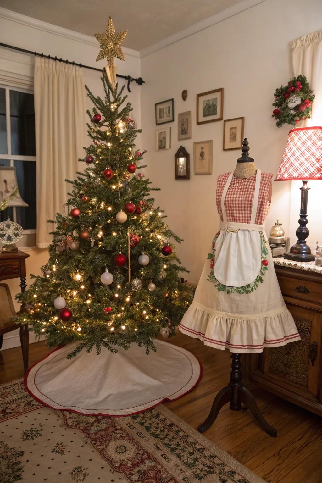 Repurpose an antique apron for a one-of-a-kind and nostalgic tree skirt.