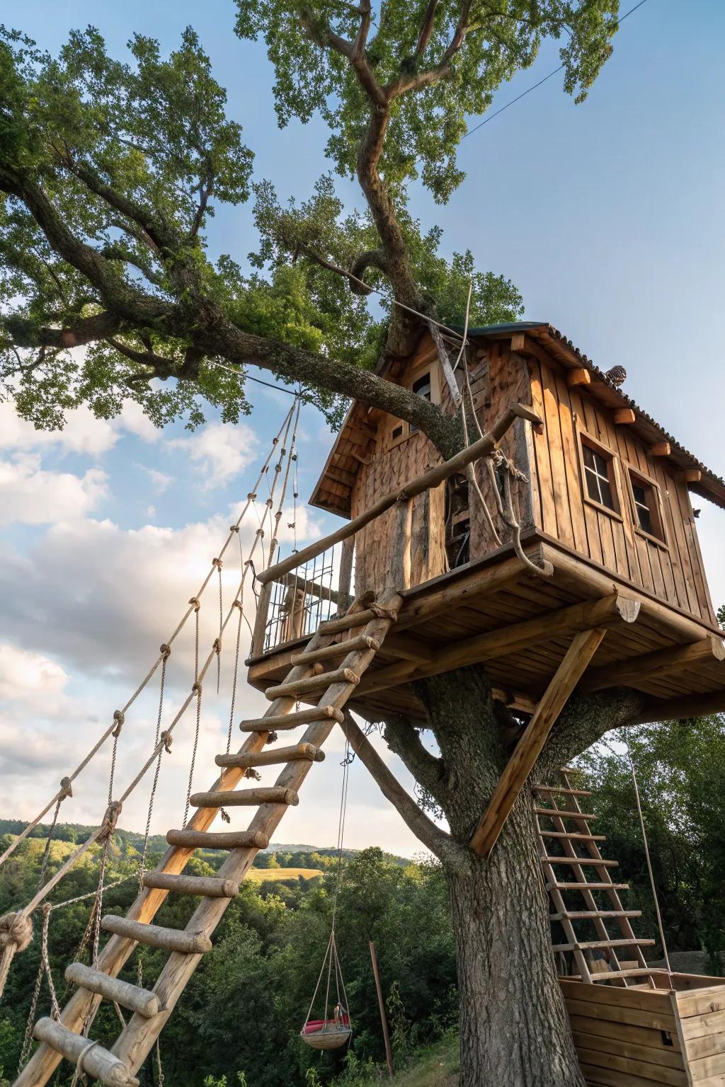 Whimsical design cues in a treehouse, spotlighting rope ladders and weathered beams.