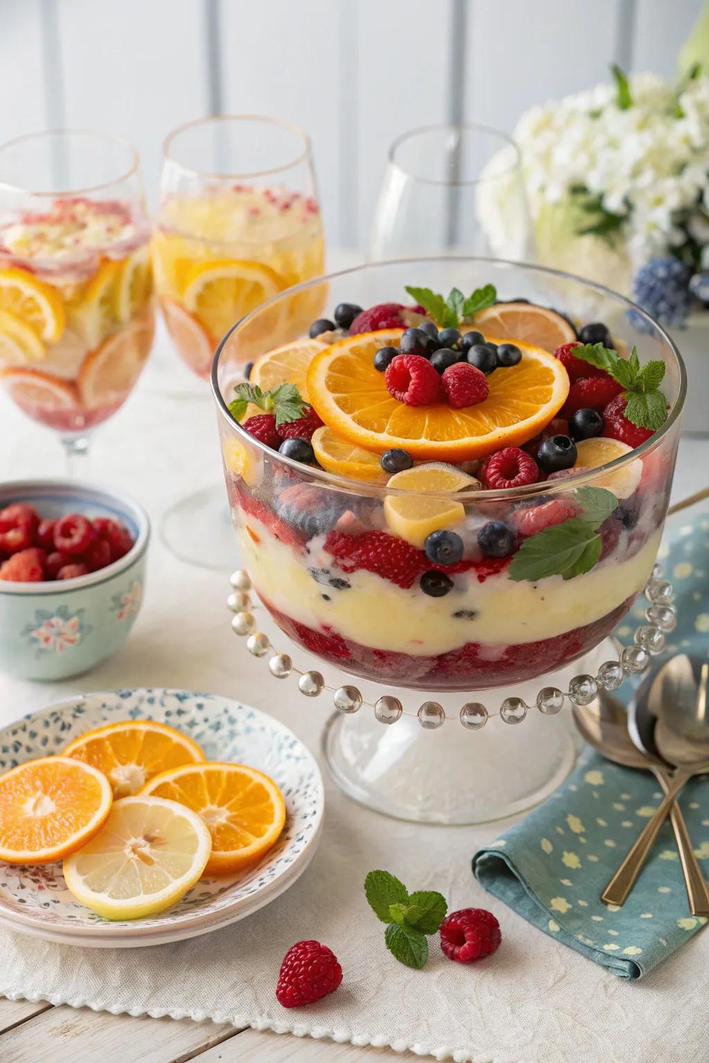 A trifle bowl serving as a vibrant party punch centerpiece.