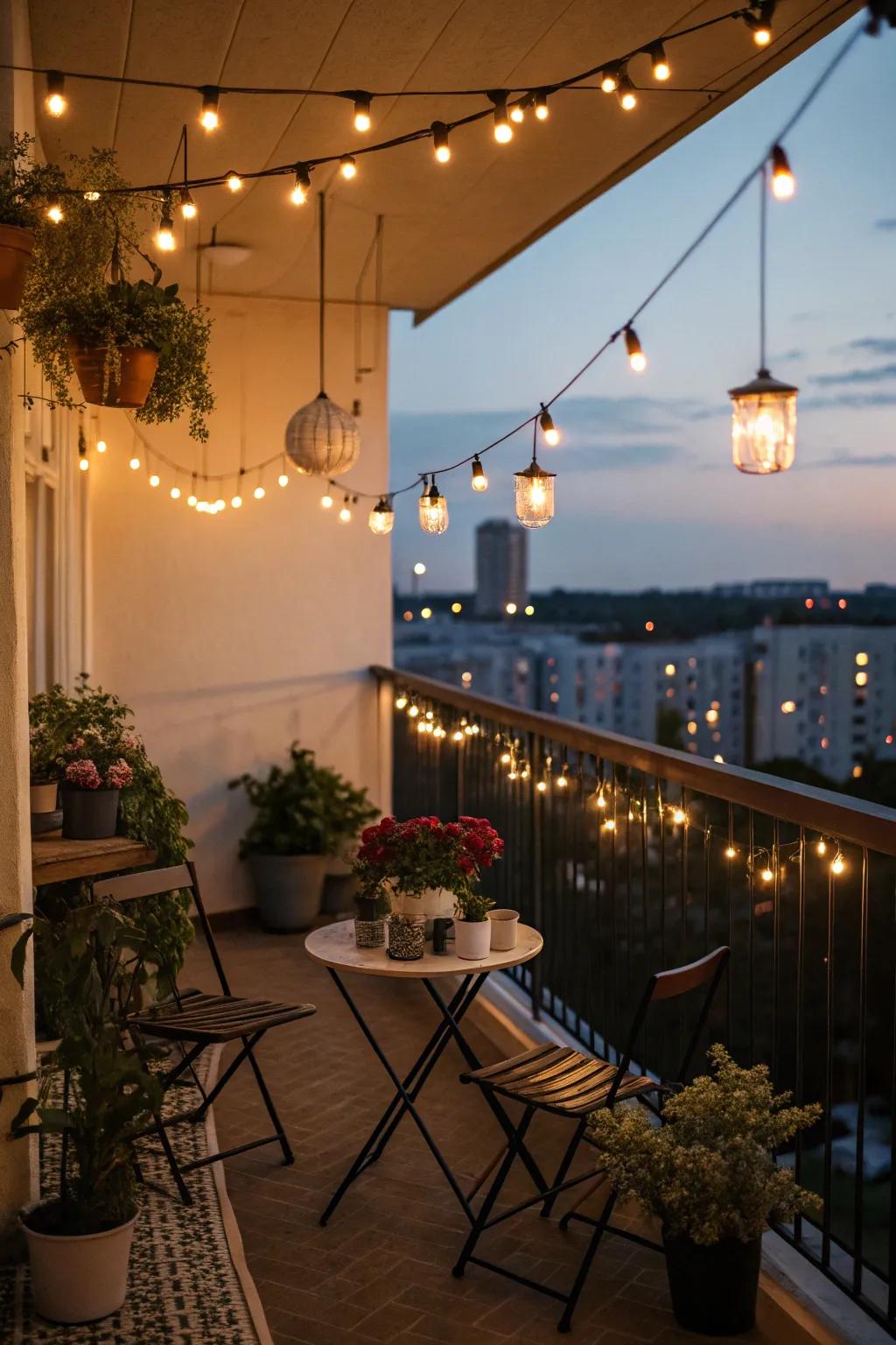 Enhance your balcony with enchanting festoon lights for twilight relaxation.