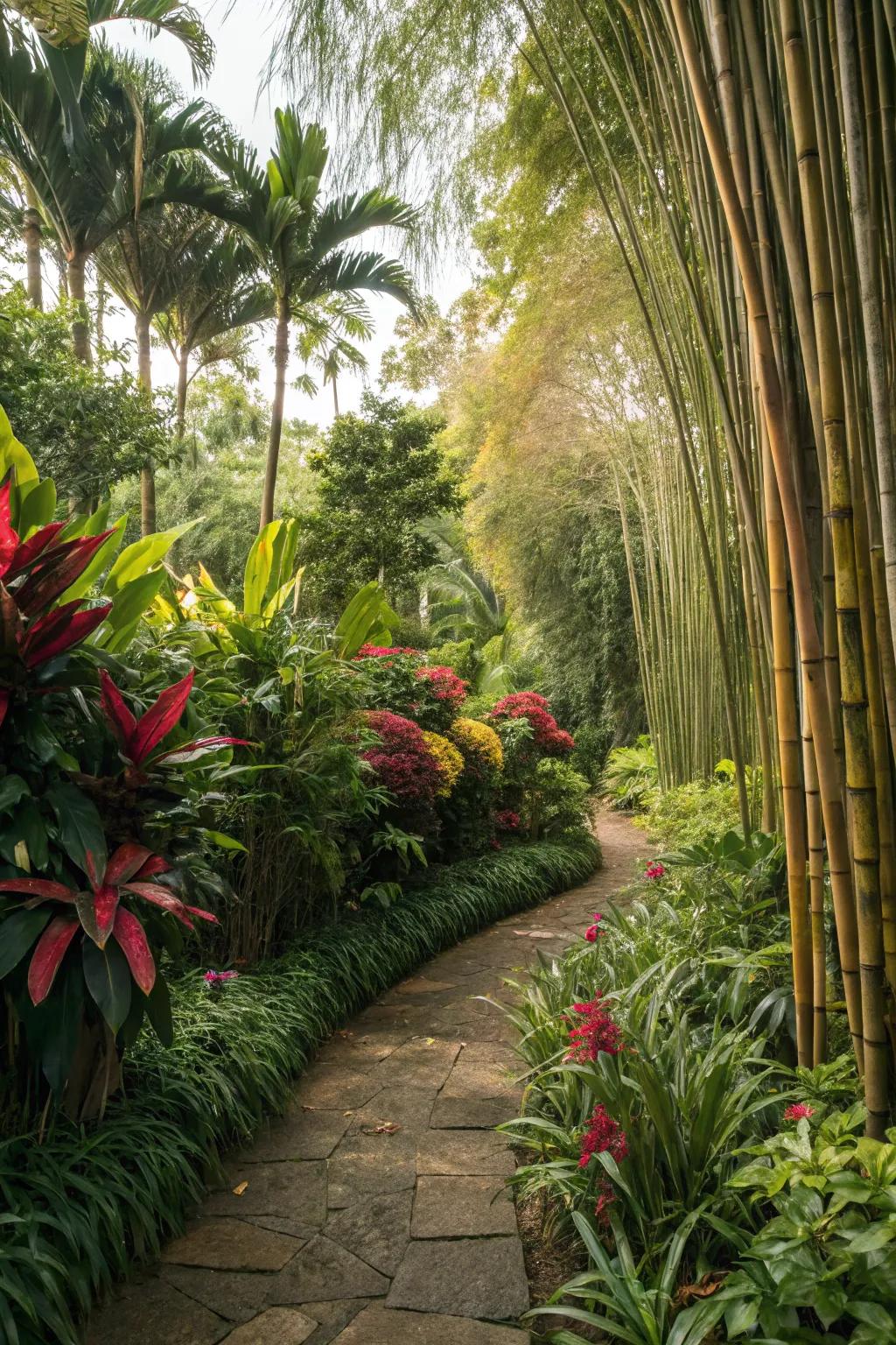 Towering flora crafting a private, secluded tropic outdoor space retreat.