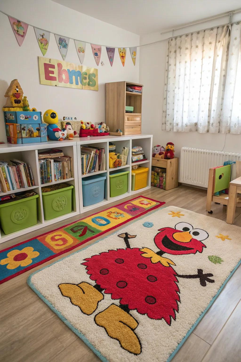Animated character floor coverings infuse amusement and character into playrooms.