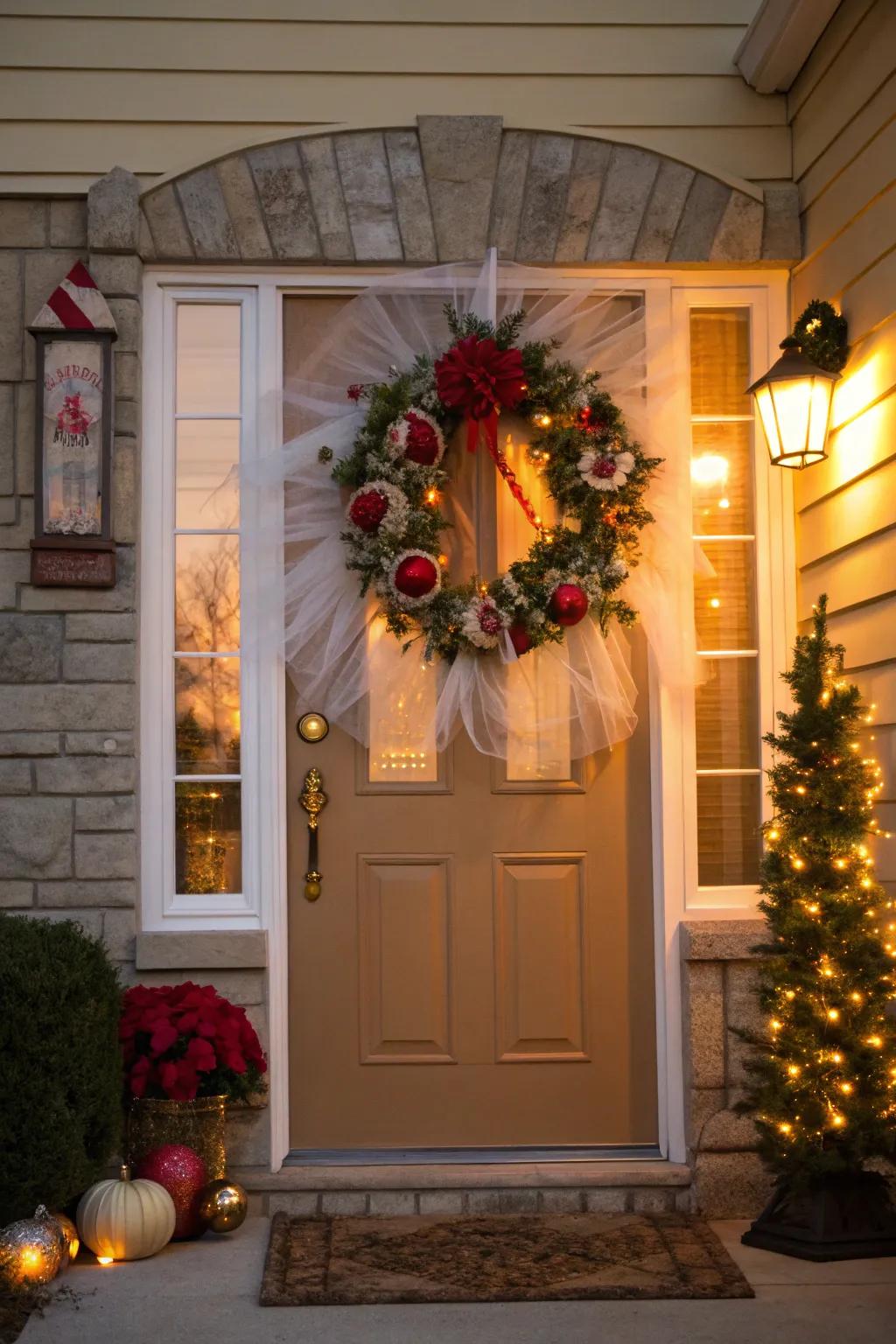 Welcome with style using a netting wreath.