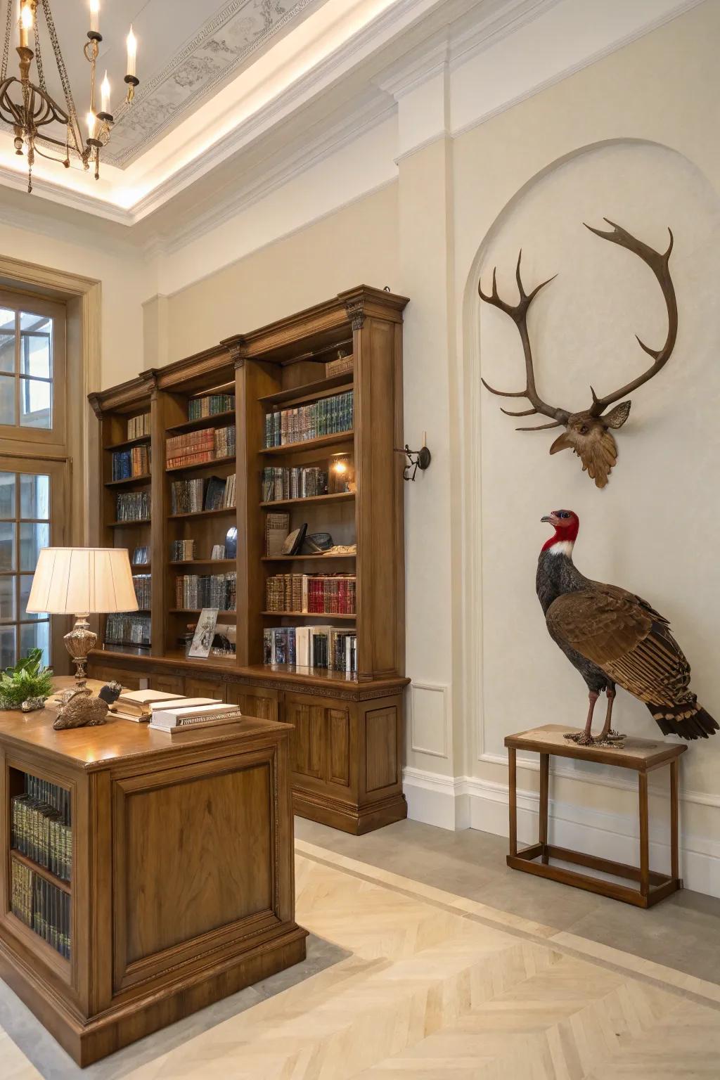 A stylish display combining wildfowl exhibits with horns.