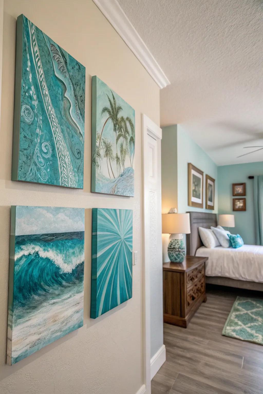 Conceptual works showing turquoise hues bring interest and richness to this area.