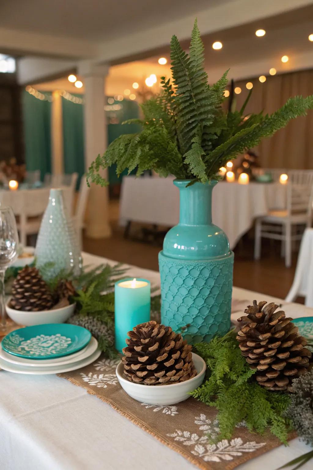 Seasonal touches like conifer cones combine nature with elegance.