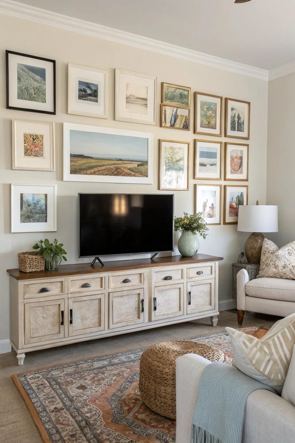 Shade-coordinated television gallery wall for seamless integration.