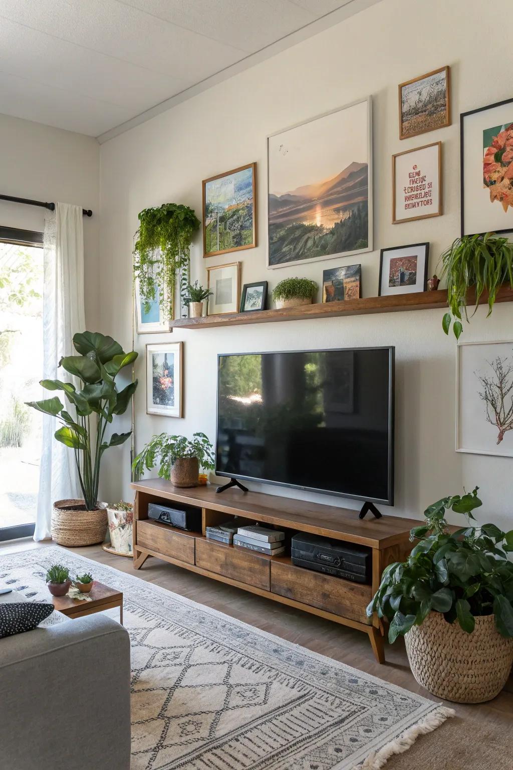 Art and decor soften and personalize a TV-centered setting.