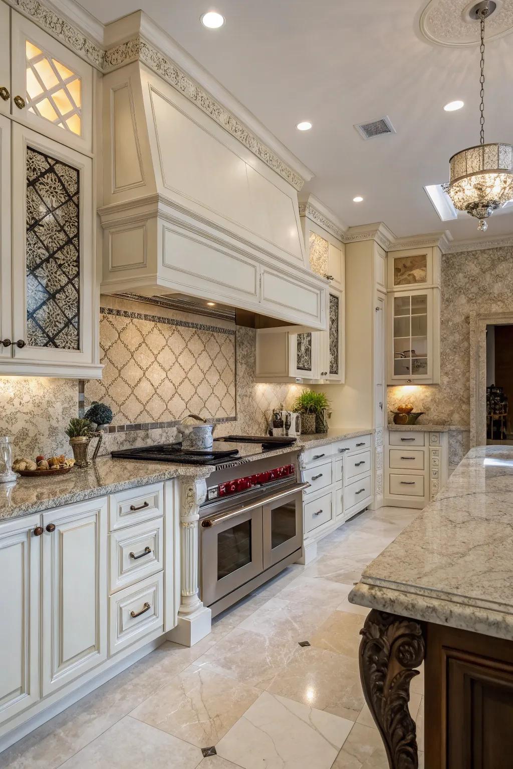 A kitchen space where sophisticated marble elegantly meets functional tiles.