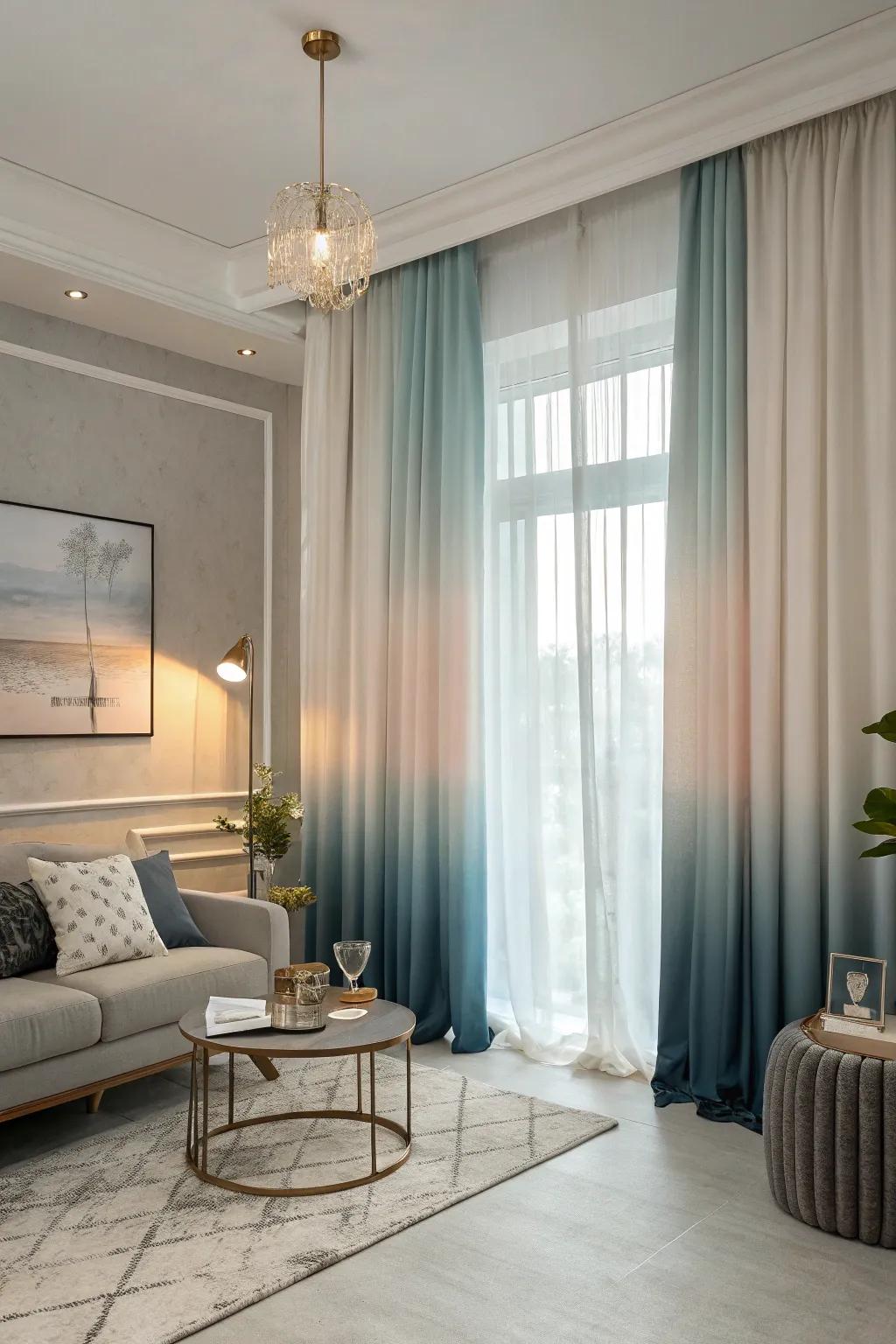 Ombre duo-tone drapes adding an artistic touch to a lounge.