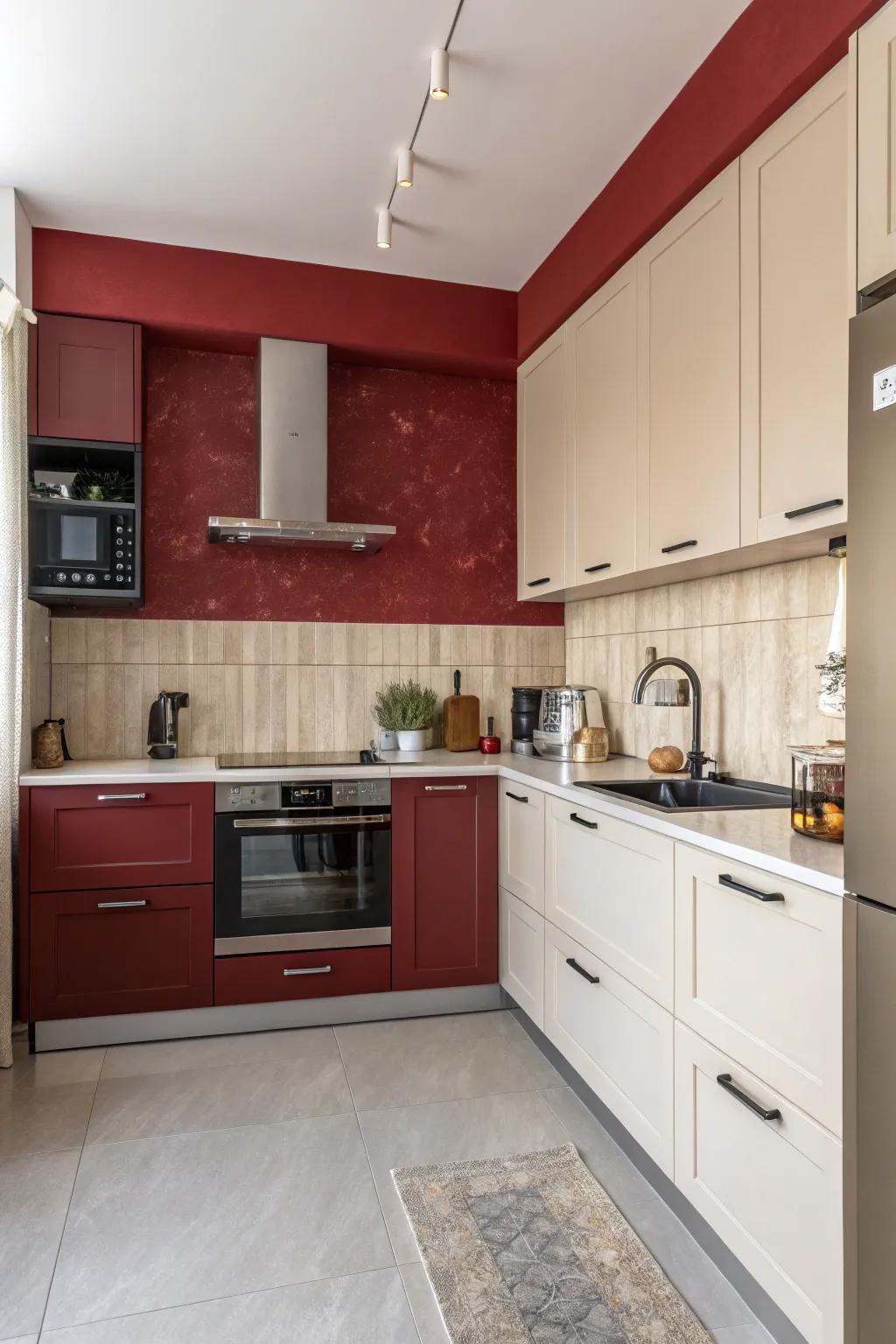 A vibrant scarlet feature wall energizing the cooking area.