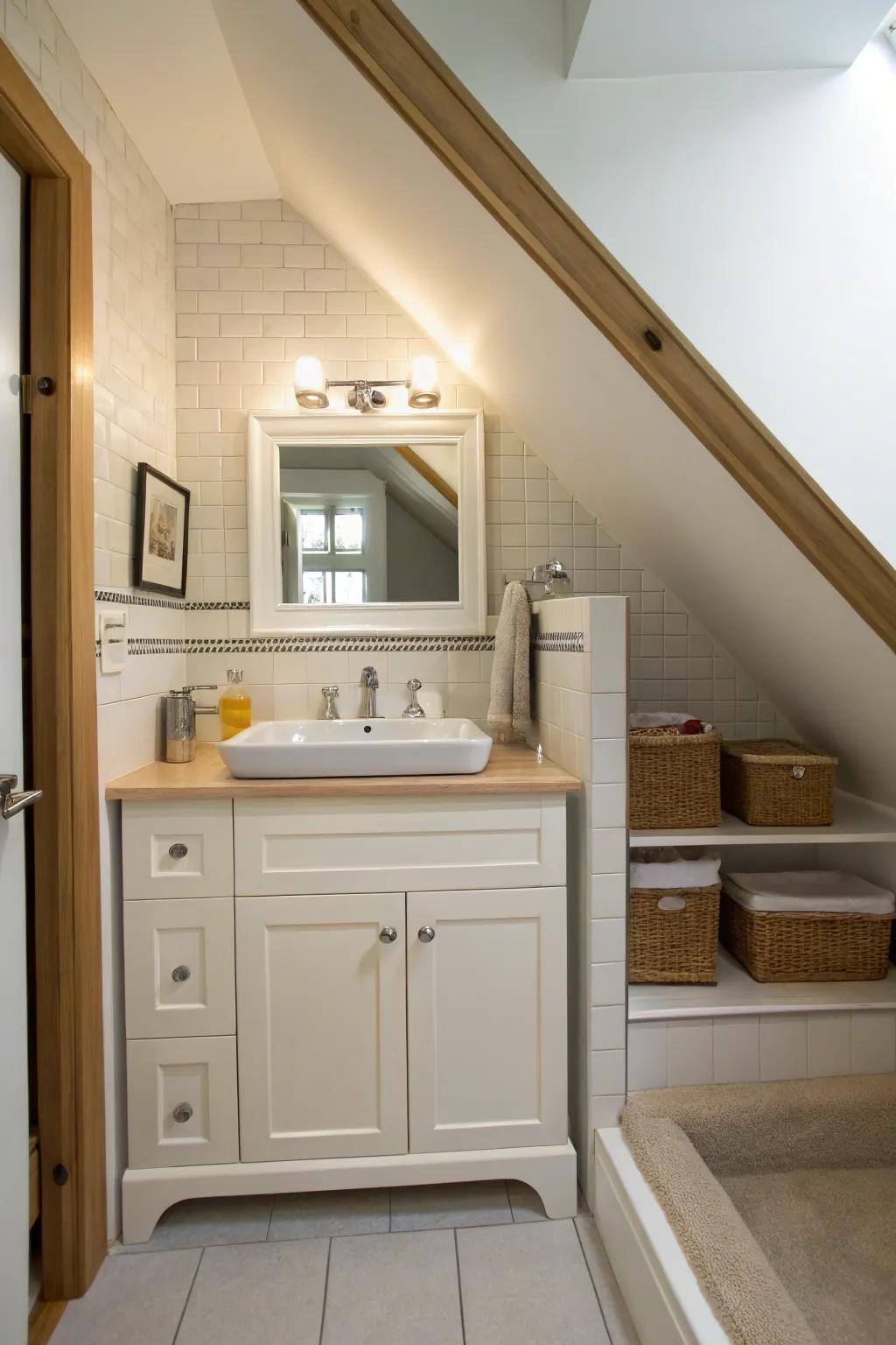 An under-stair bathroom featuring a custom vanity fitting under a sloping ceiling.