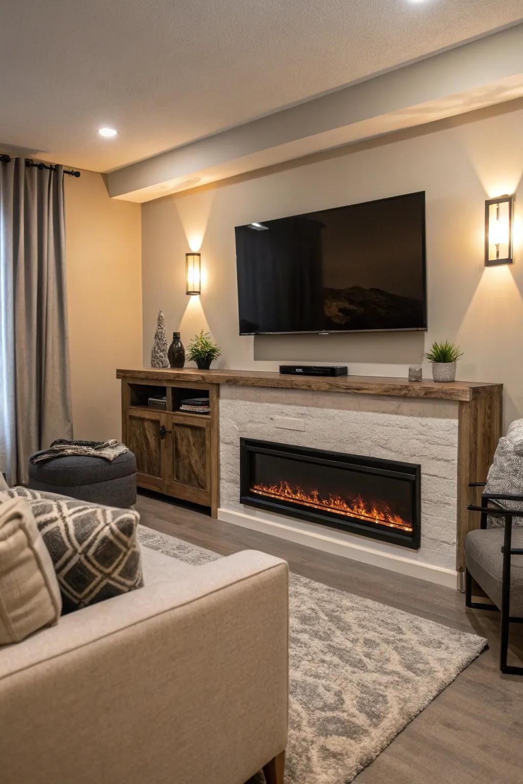 A fireplace beneath your TV adds warmth and a cozy ambiance.
