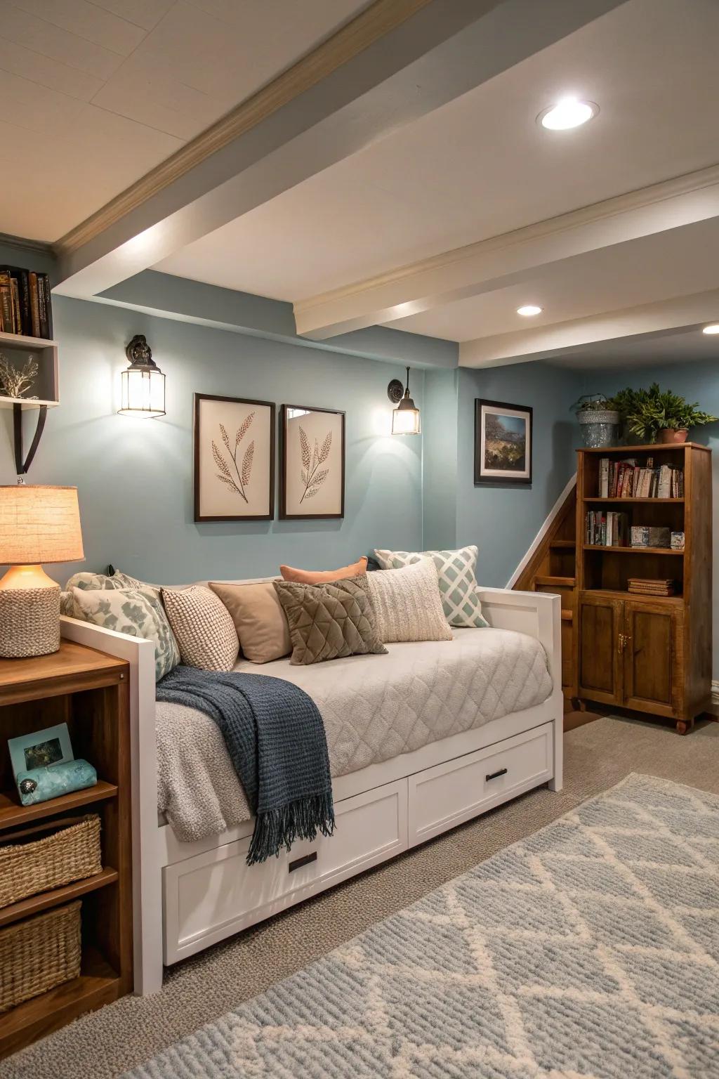 Multipurpose furniture can maximize functionality in your basement bedroom.