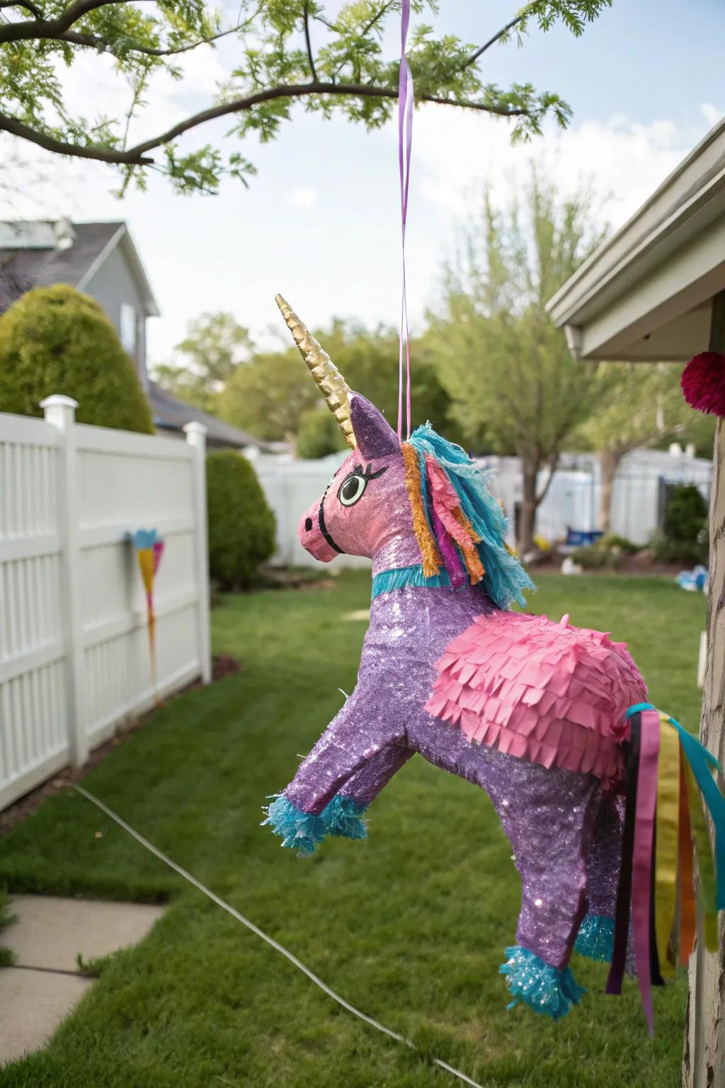 A DIY sparkle horse piñata ready for a party activity.