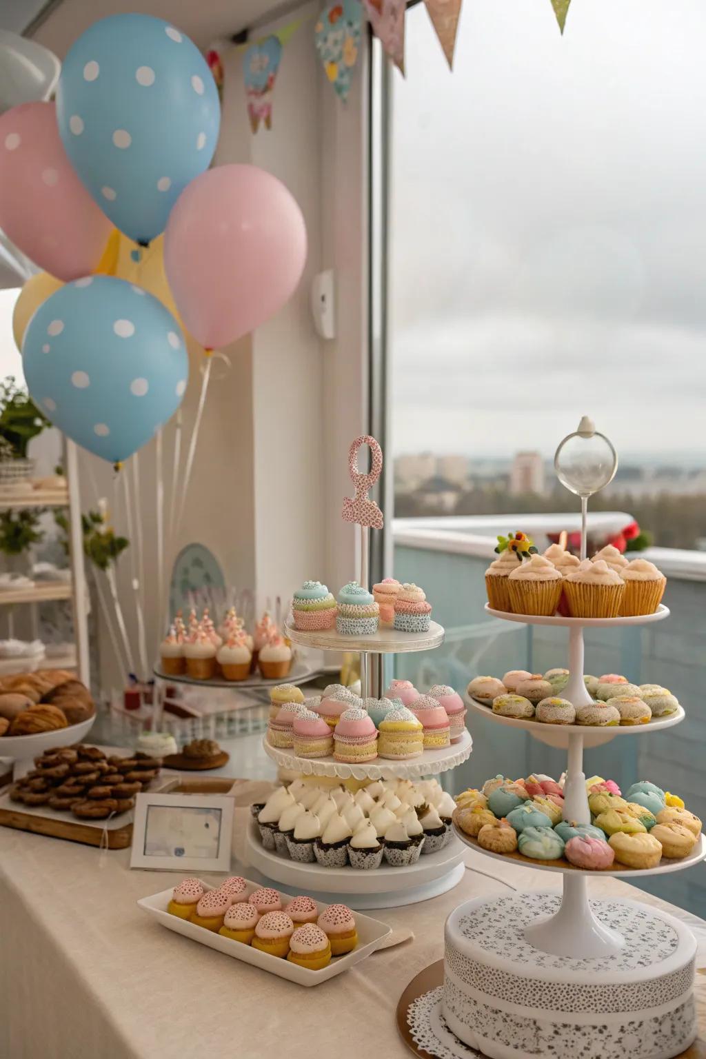 A dessert table with themed treats beautifully arranged on tiered stands.