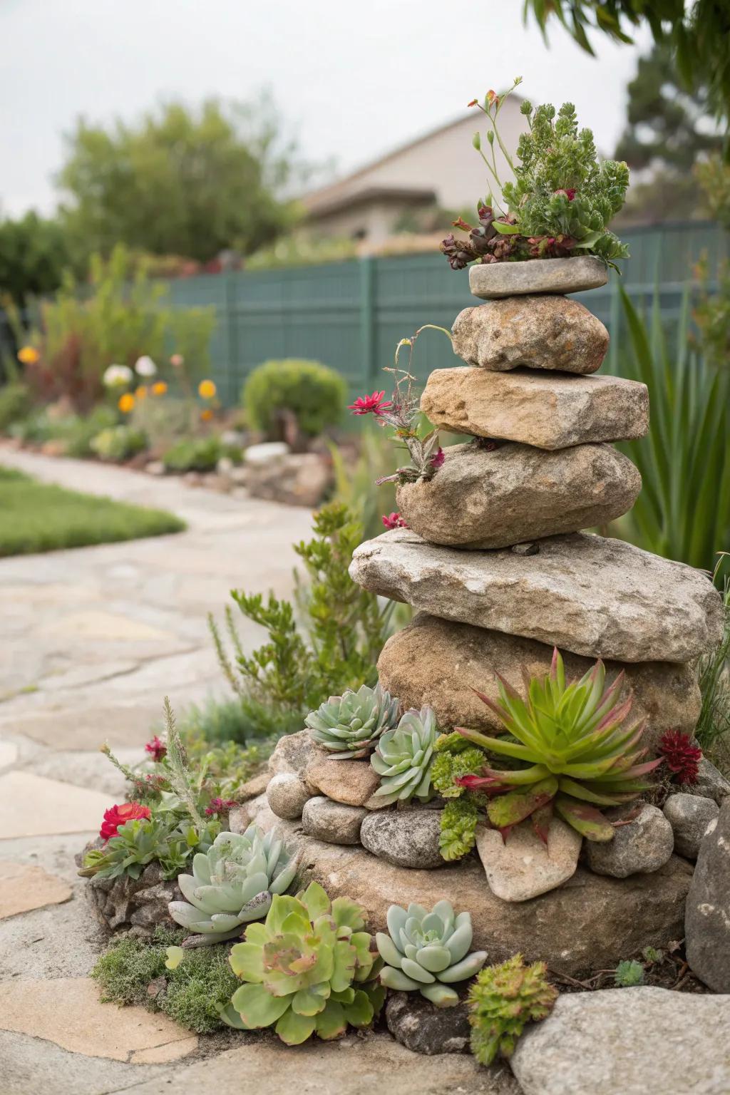 Forge a dramatic spectacle utilizing stacked stone succulent planters.