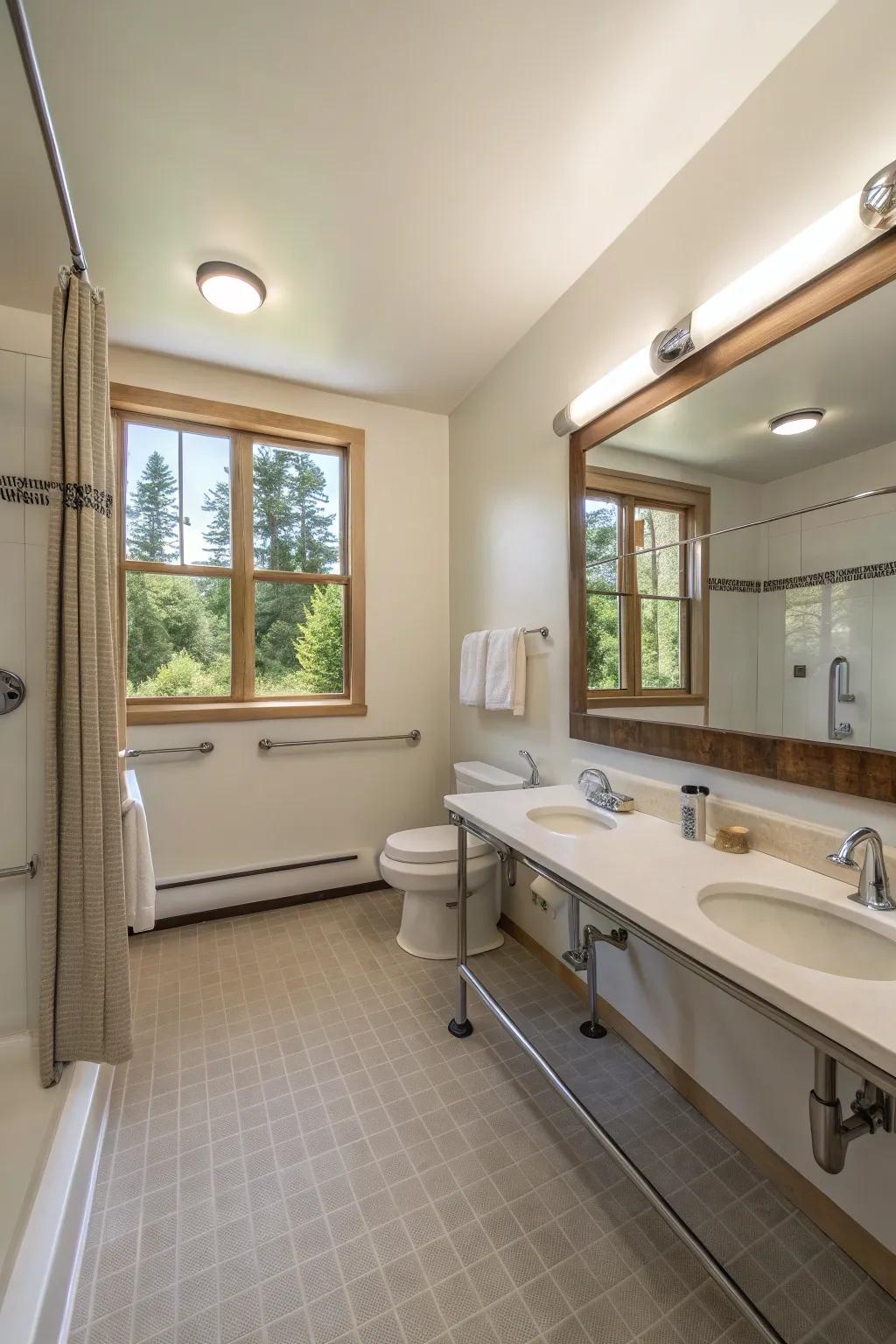 A shared-use layout ensures the bathroom is useful for all.