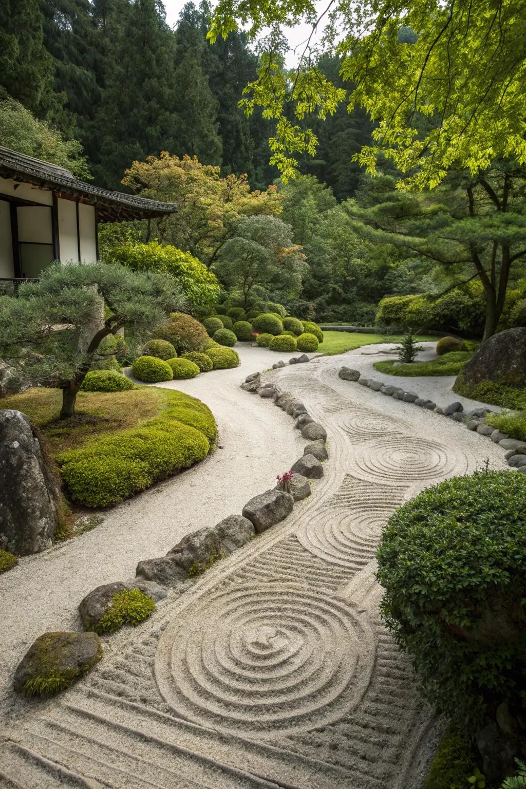 Japanese garden details featuring sand to promote balance and serenity.