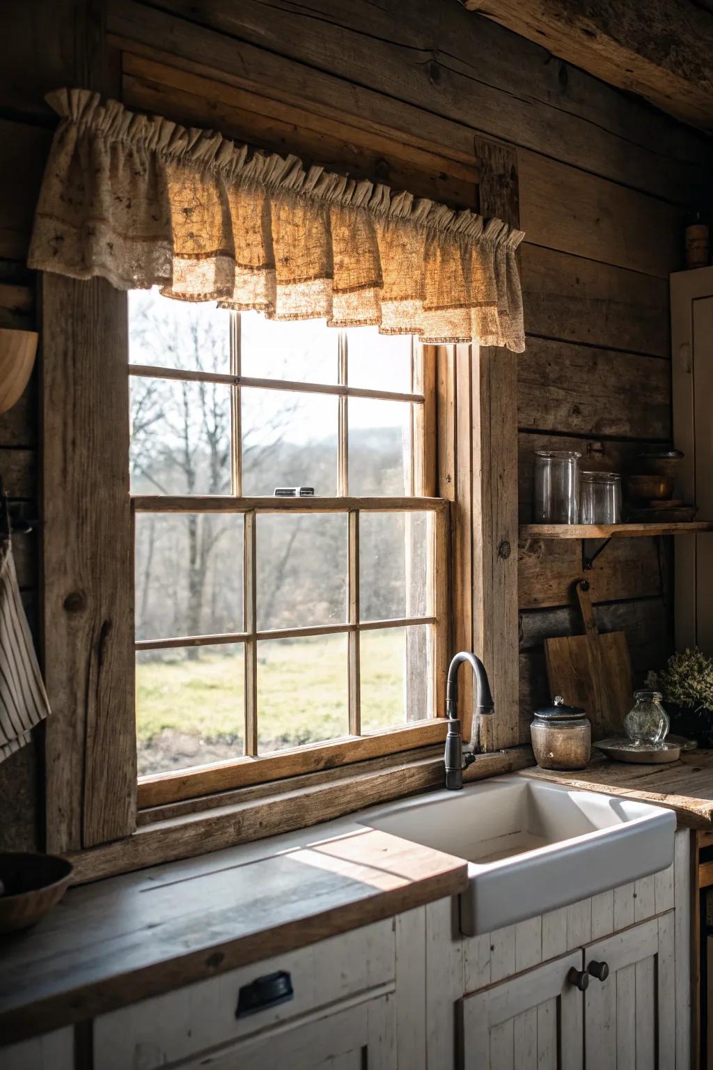 A window featuring a country wood valance build in a farmhouse cooking space.