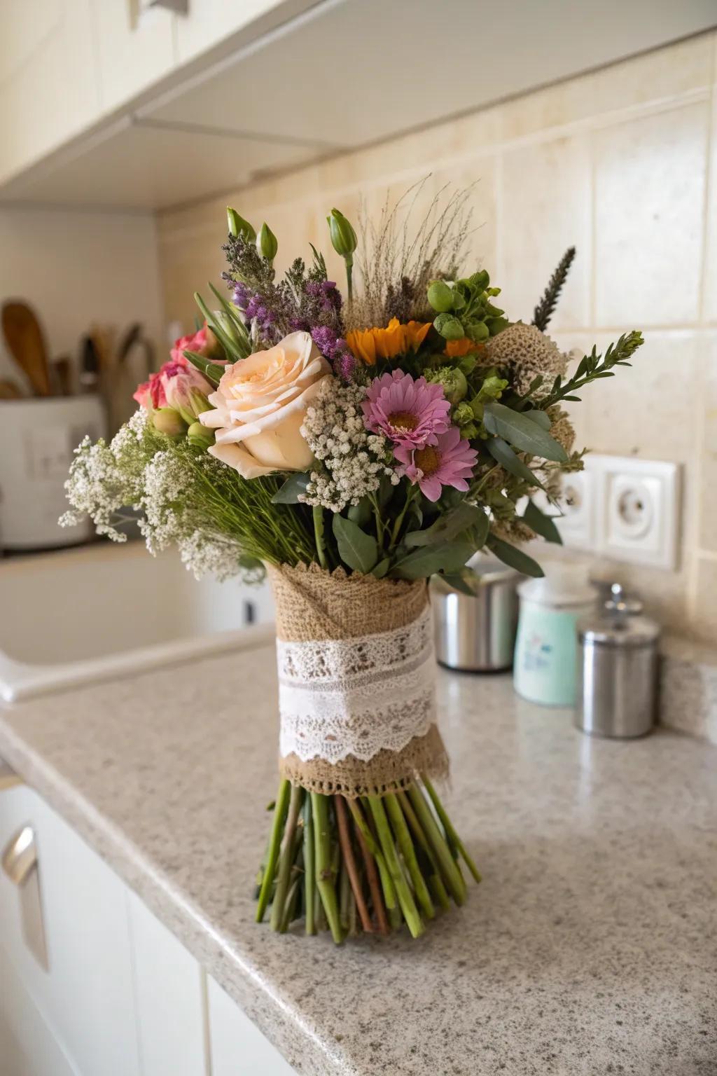 A bouquet carefully swathed in burlap and lace.